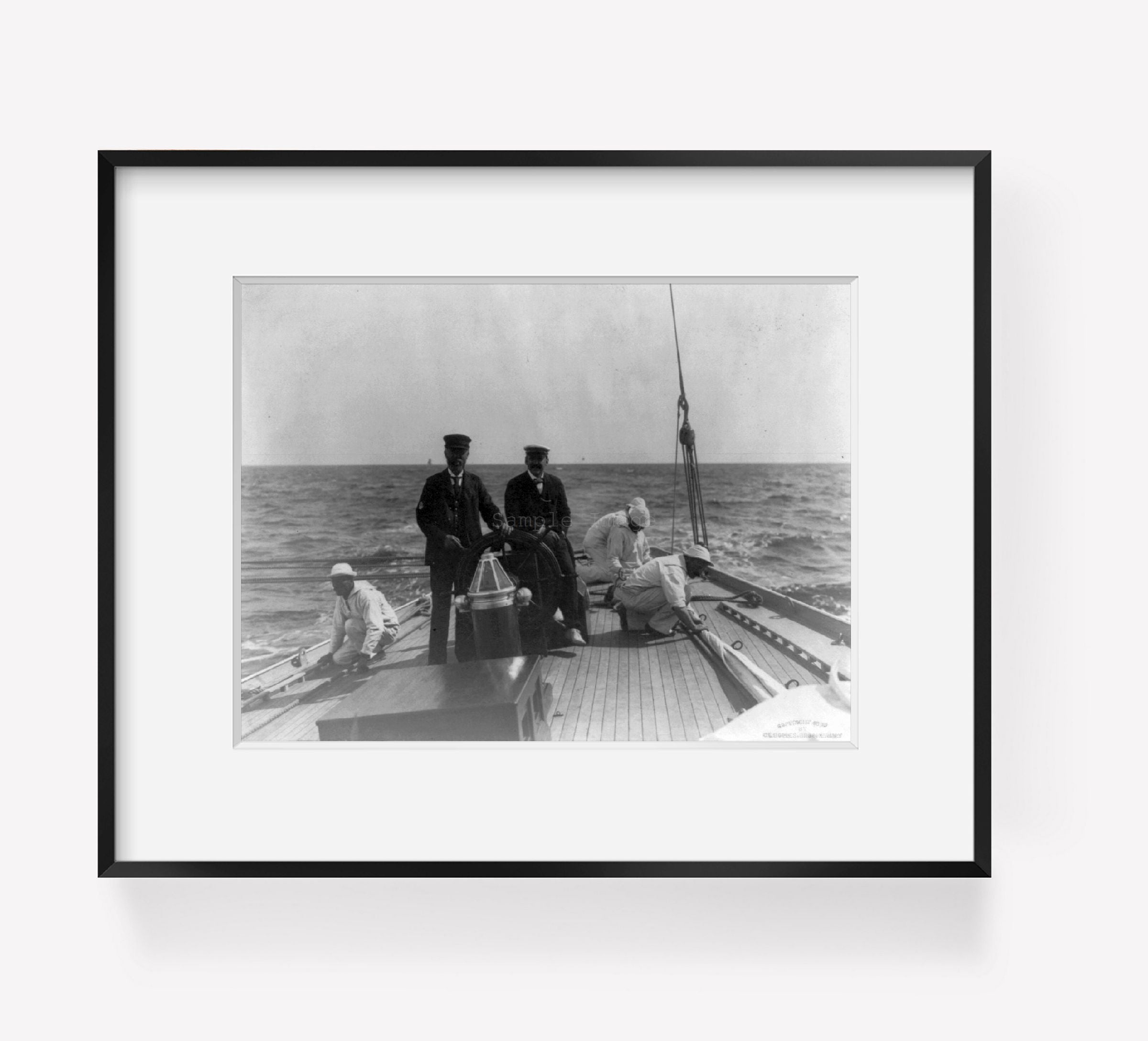 Photo: On board DEFENDER, looking aft, boat, sailors, c1899