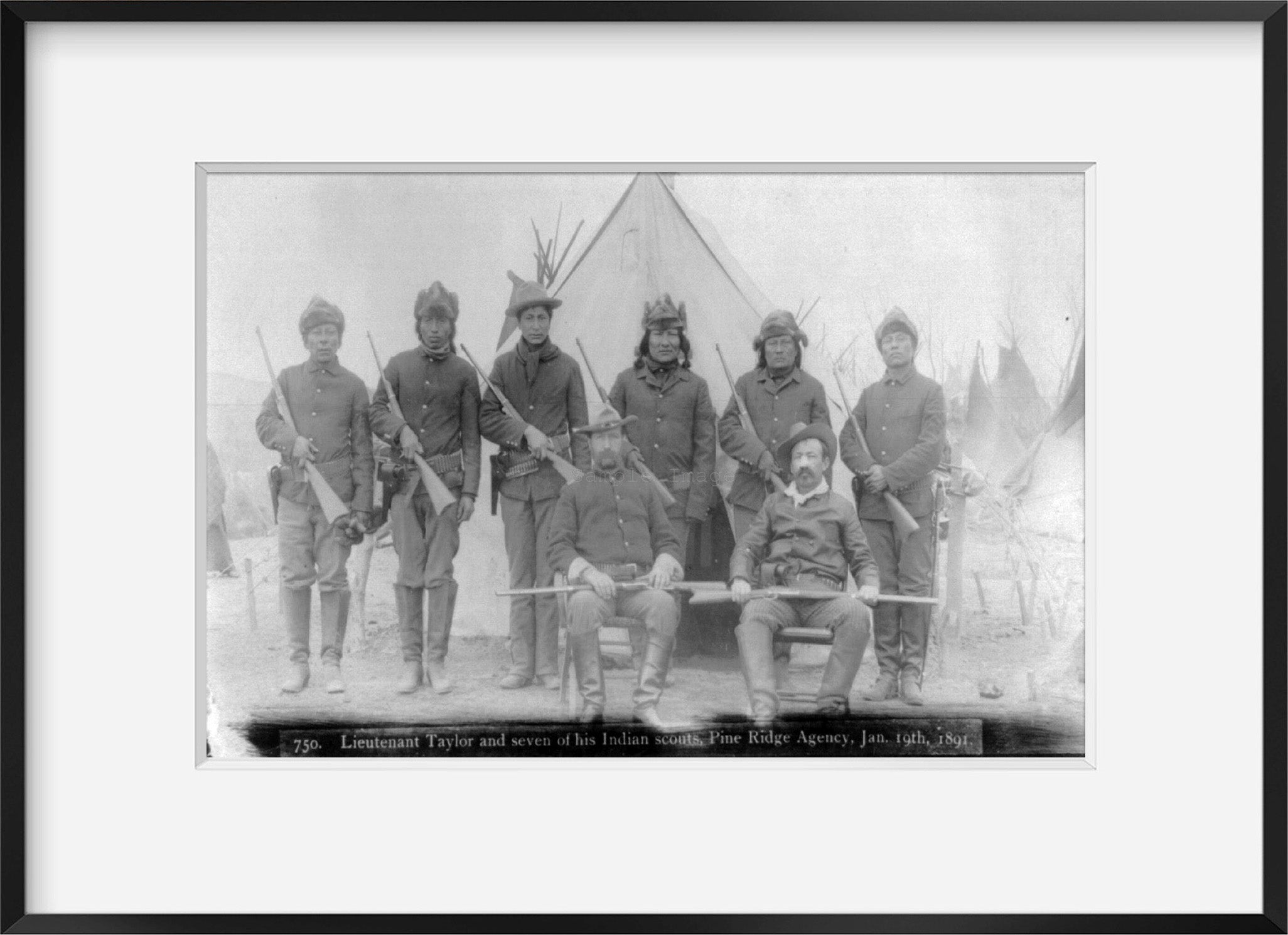 Photo: Lieutenant Taylor, 7 of his Indian Scouts, Pine Ridge Agency, January 19, 189