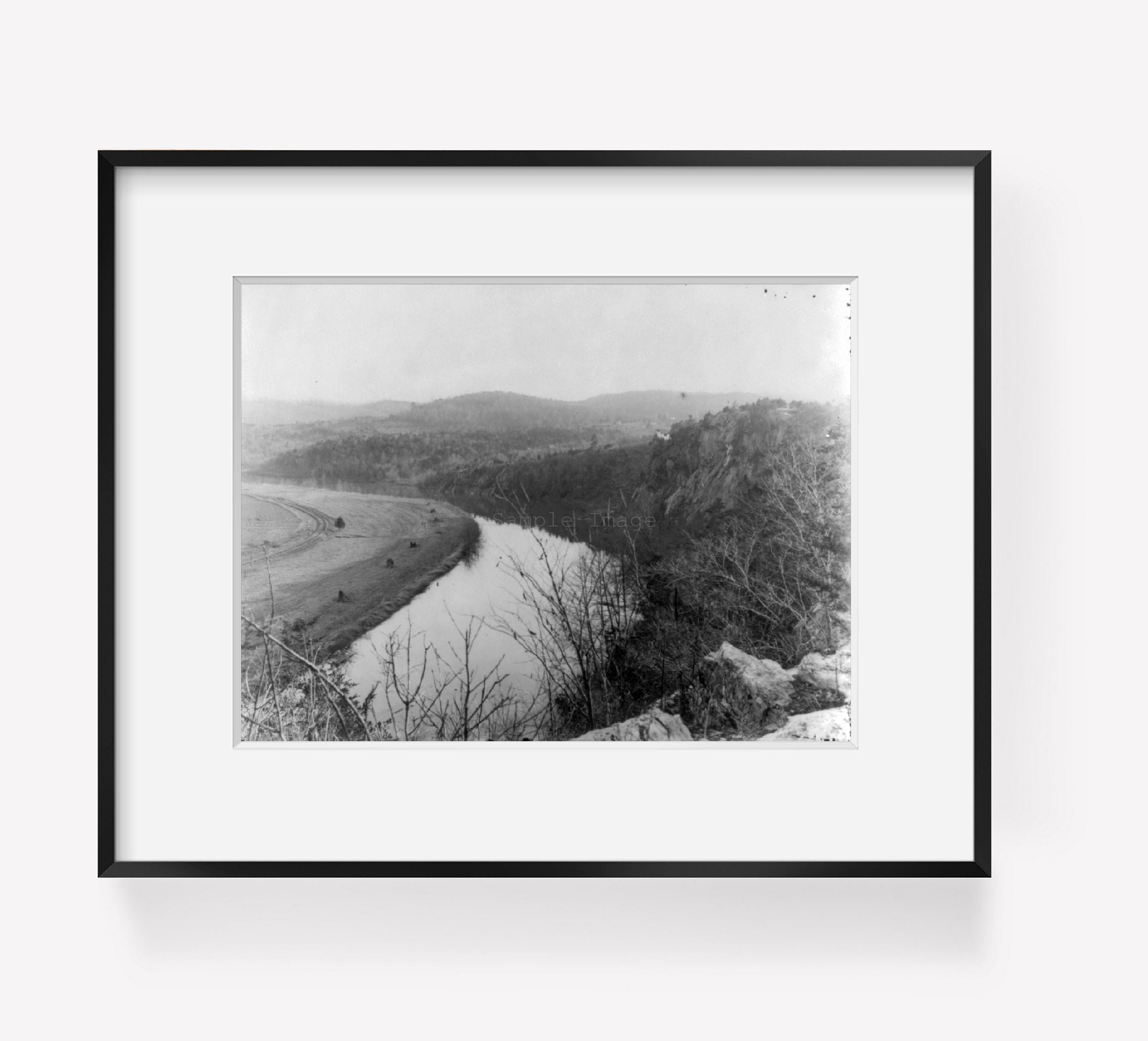 Photo: River bend, cliff with railroad tracks, hay stack, Lexington, Rockbridge Co, V