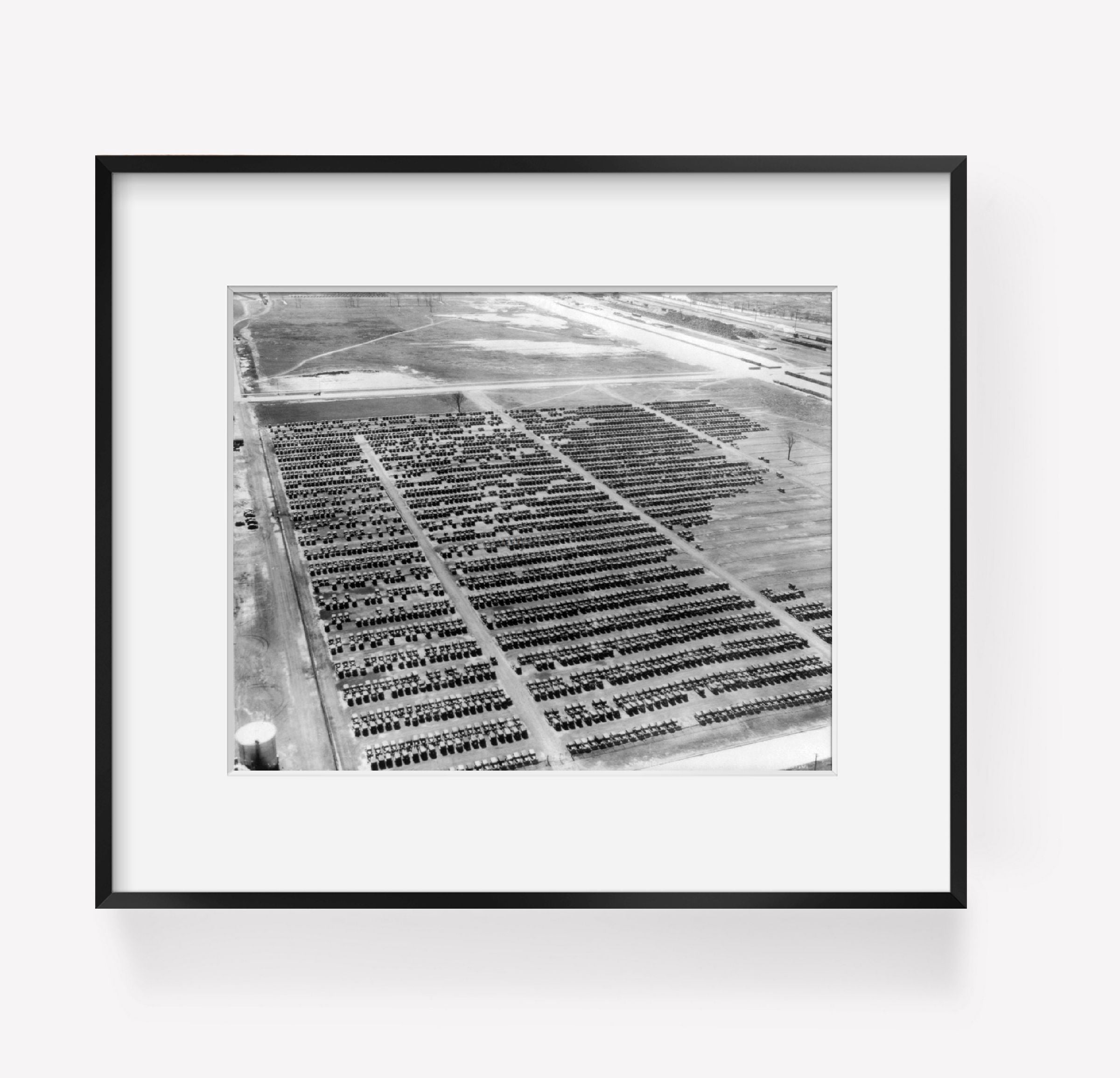Photo: Aerial view, enormous parking lot, new Ford automobiles, Dearborn, Wayne Coun