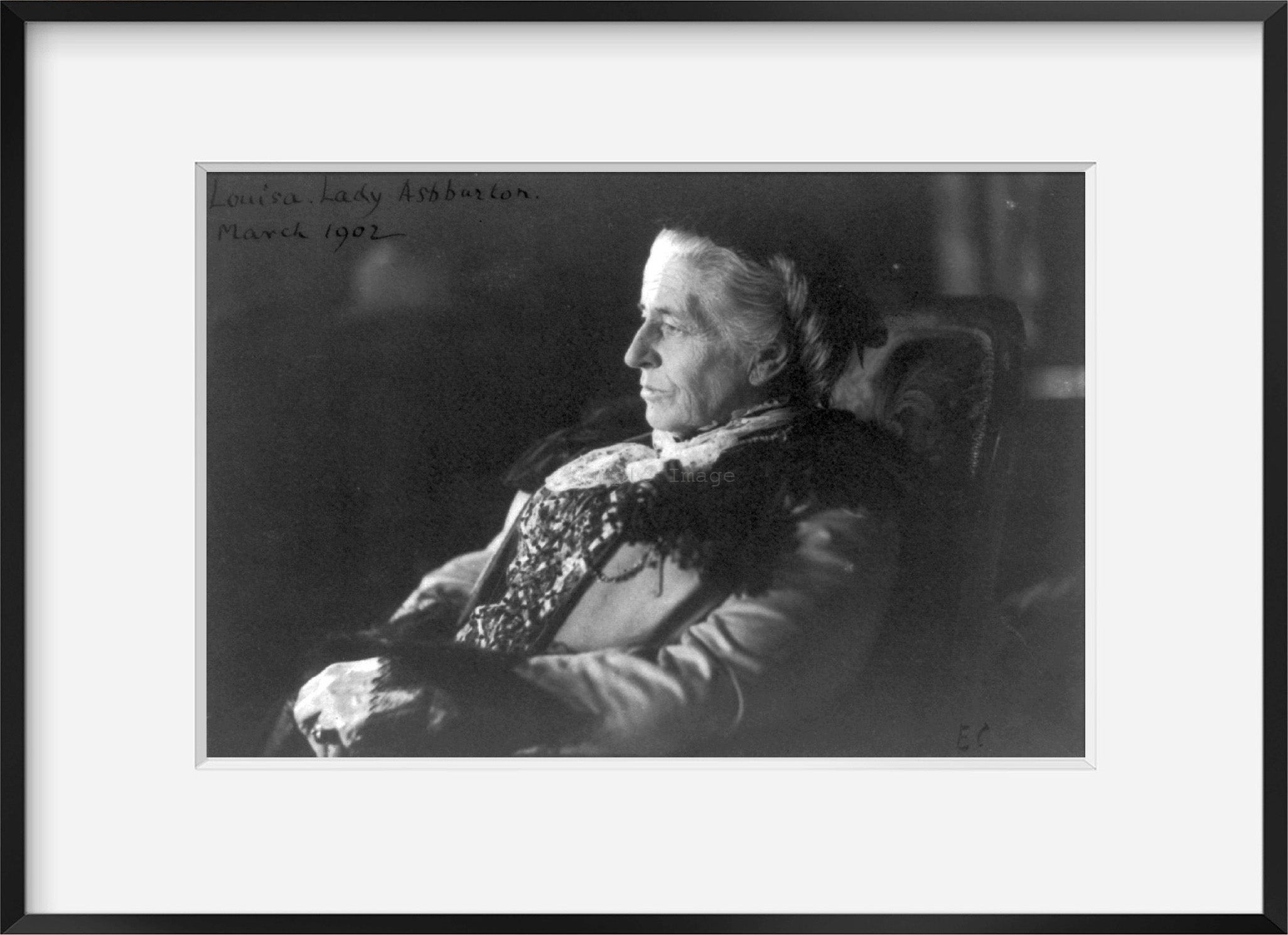 Photo: Lady Louisa Ashburton, 1902, EC, seated, hat, hands crossed