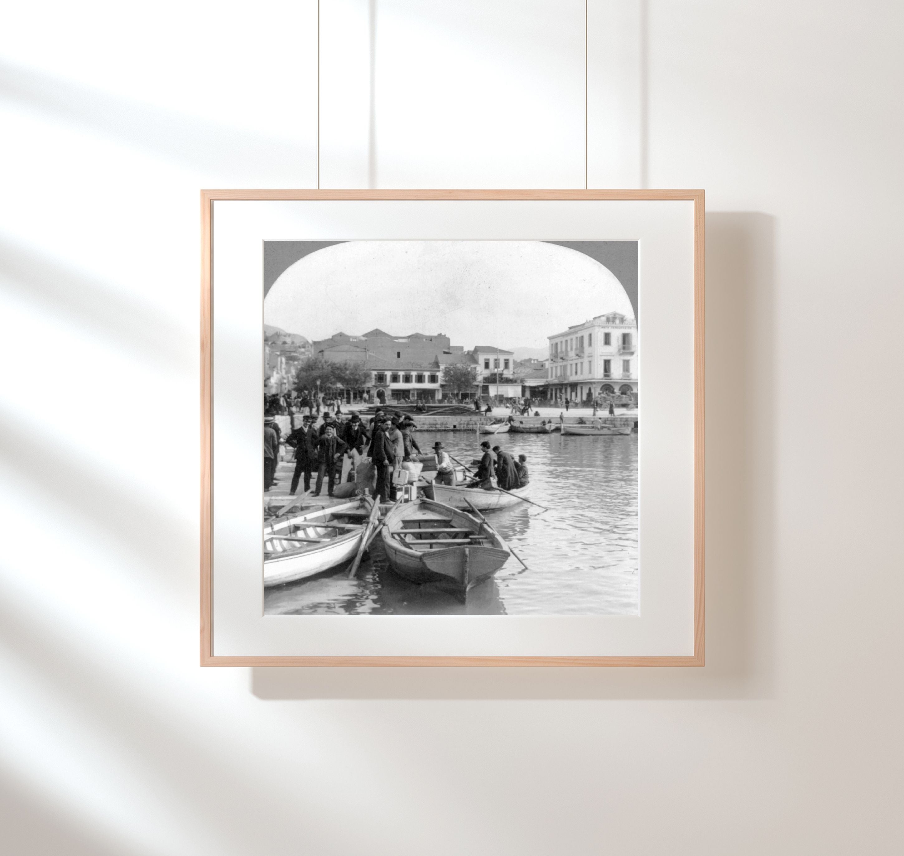 Photo: Greek immigrants embarking in small boat for steamer for America, Patras, G