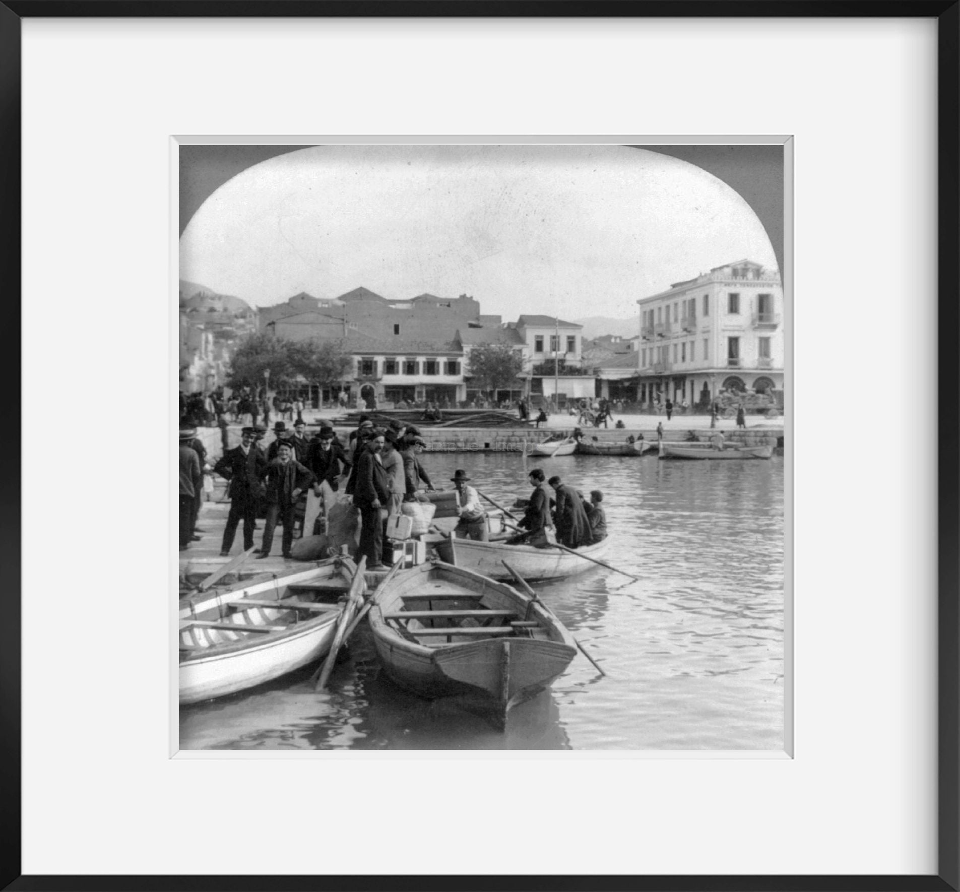 Photo: Greek immigrants embarking in small boat for steamer for America, Patras, G
