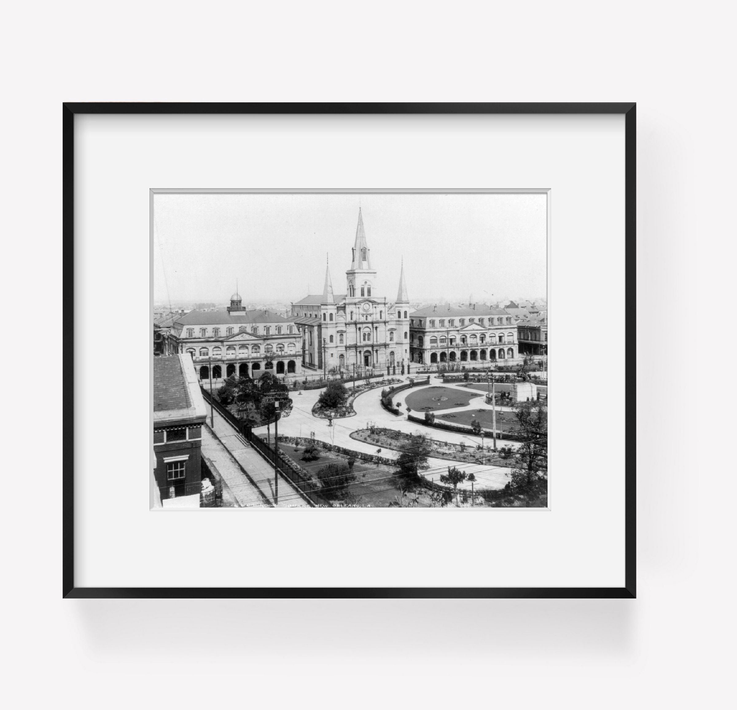 Photograph of Jackson Square, New Orleans, La. Summary: Left half - shows equest