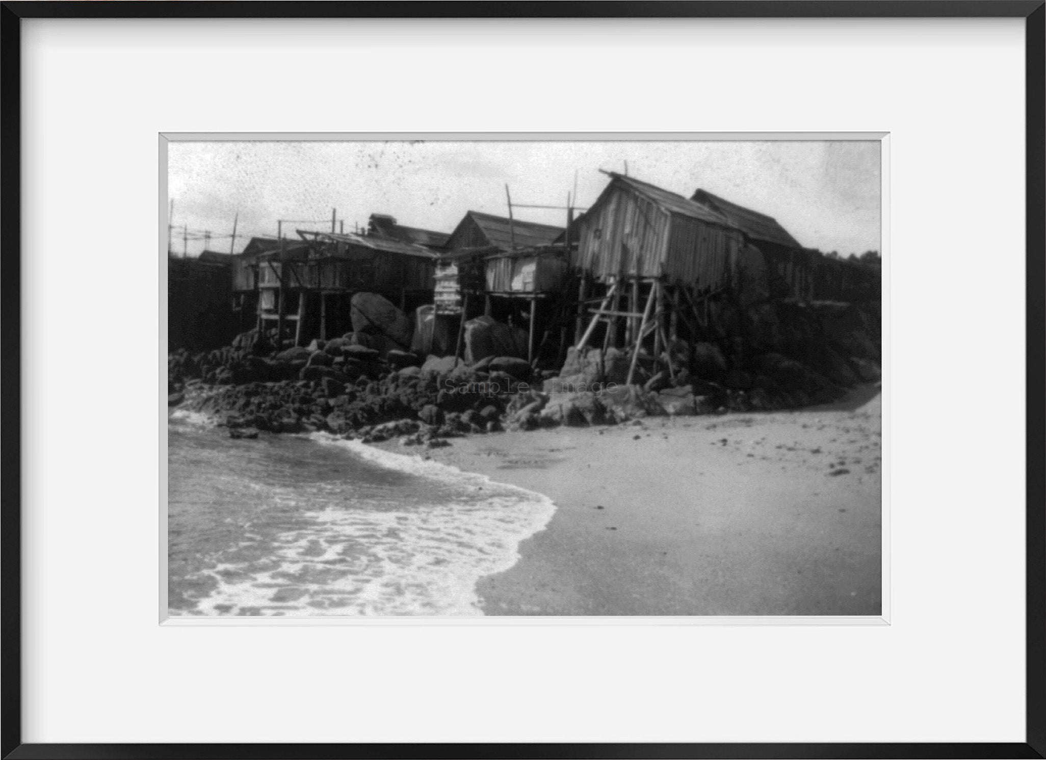 c1907 photograph of Chinese fishing village - Monterey Summary: Houses on stilts