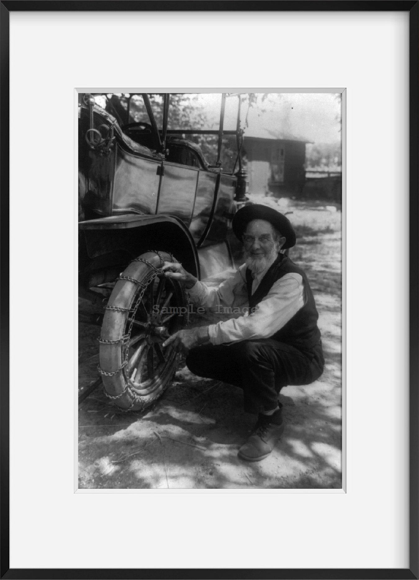 1913 Photo Safety no. 1389 Elderly man posed with automobile (Model T?) equipped