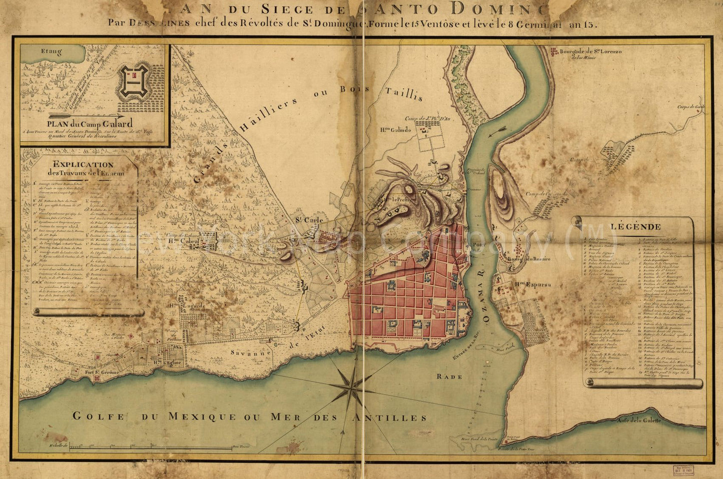 1805 map Plan du siège de Santo Domingo par Dessalines, chef des révoltes de St. Domingue, forme le 15 ventôse et levé le 8 germinal an 13. Plan du Camp Galard. Map Subjects: Dominican Republic | Santo Domingo | Santo Domingo Dominican Republic