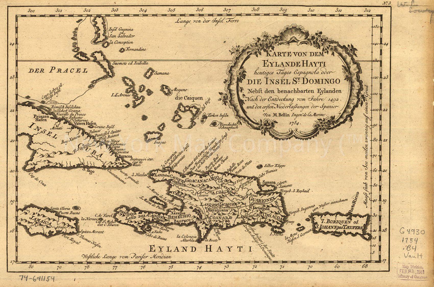 1754 map Karte von dem Eylande Hayti heutiges Tages Espagnola oder die Insel St. Domingo nebst den benachbarten Eylanden nach der Entdeckung vom Jahre 1492 und den ersten Niederlassungen der Spanier. Map Subjects: Early Hispaniola - New York Map Company