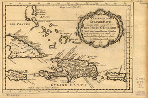 1754 map Karte von dem Eylande Hayti heutiges Tages Espagnola oder die Insel St. Domingo nebst den benachbarten Eylanden nach der Entdeckung vom Jahre 1492 und den ersten Niederlassungen der Spanier. Map Subjects: Early Hispaniola - New York Map Company
