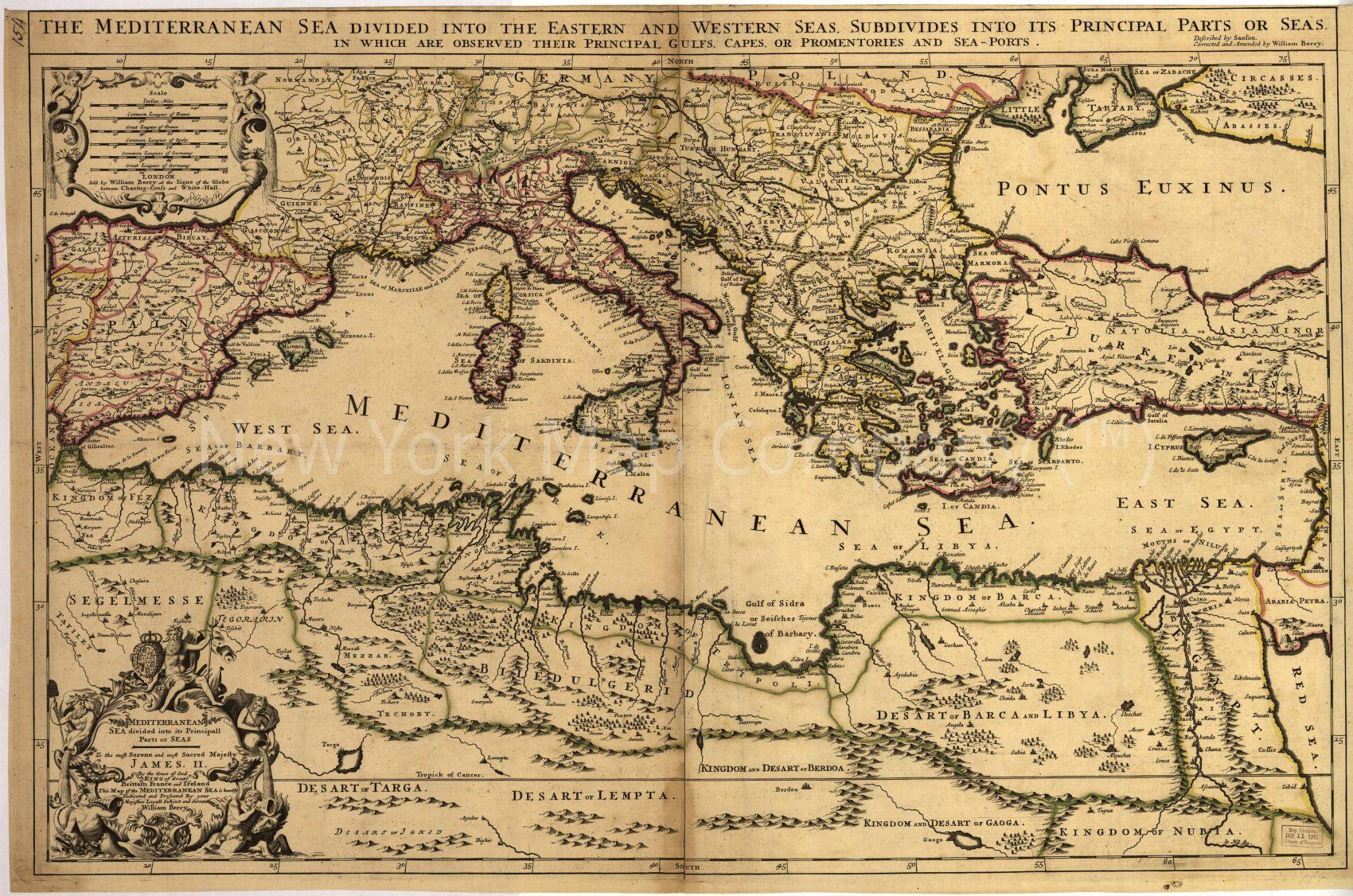 1680 map Mediterranean Sea divided into its Principall parts or seas. Map Subjects: Mediterranean Region - New York Map Company