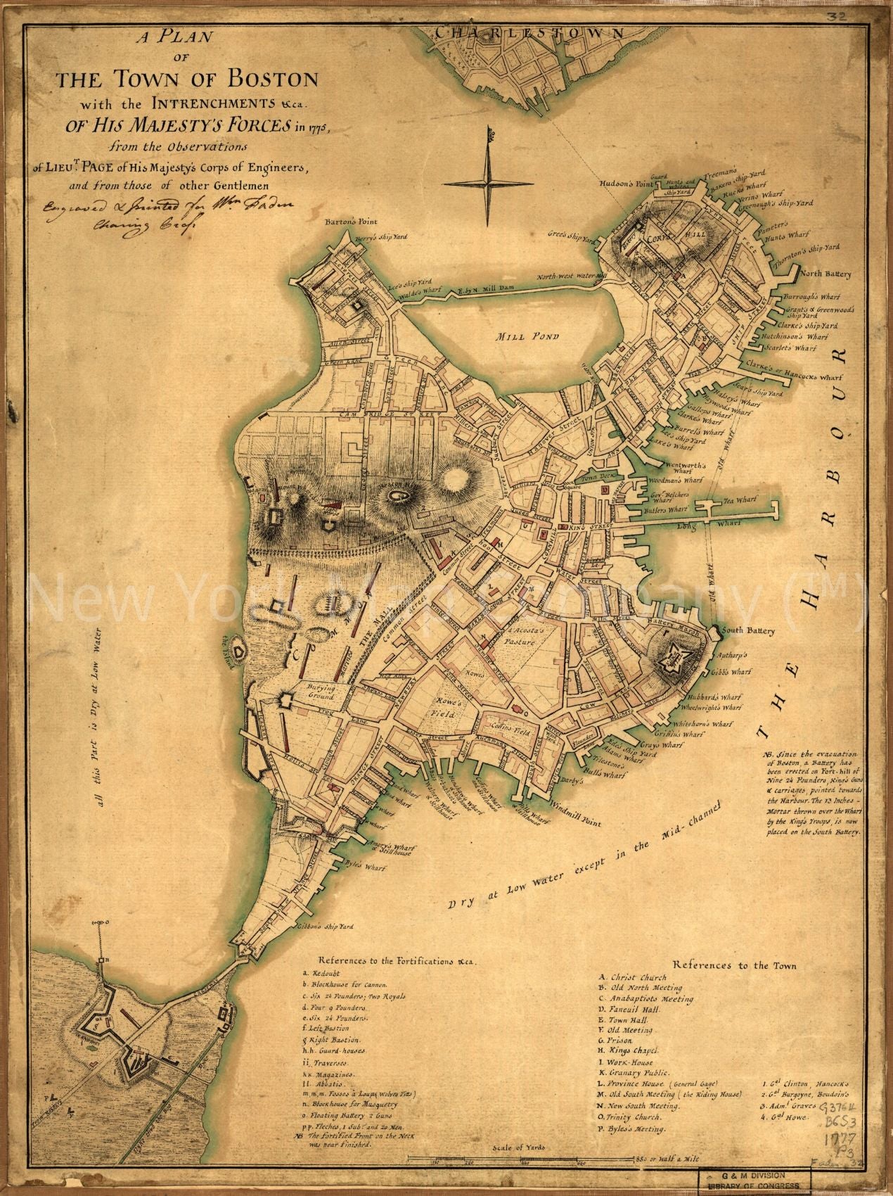 1777 map A plan of the town of Boston with the intrenchments andca. of His Majesty's forces in 1775, from the observations of Lieut. Page of His Majesty's Corps of Engineers, and from those of other gentlemen. N.B. Since the evacuation of Boston .. Map S