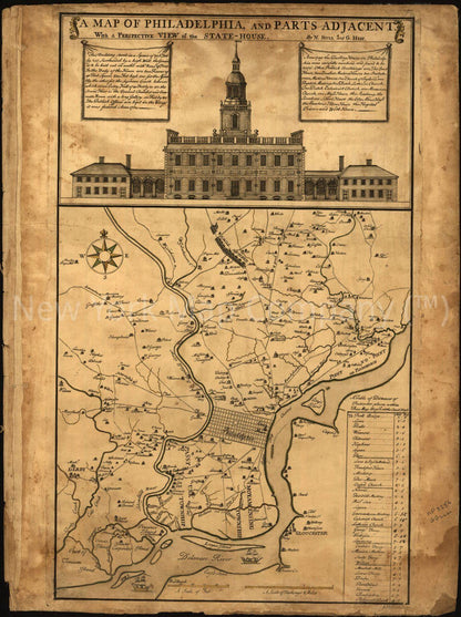 1752 mapVintage map of Philadelphia and parts adjacent: with a perspective view of the State-House West Jersey. Map Subjects: Independence Hall Philadelphia | Pa | Landowners | Pennsylvania | Philadelphia | Philadelphia Pa | Philadelphia Region | Philade - New York Map Company