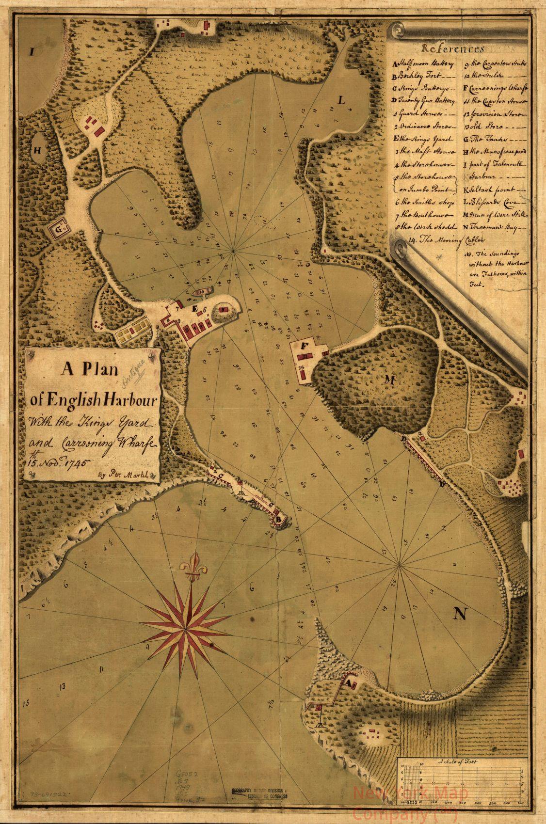 1745 map A plan of English Harbour; with the King's yard and carreening wharfe, 15th. Nov. 1745. A scale of foot. Map Subjects: Antigua and Barbuda | Defenses | English Harbour | English Harbour Antigua and Barbuda | Manuscript - New York Map Company