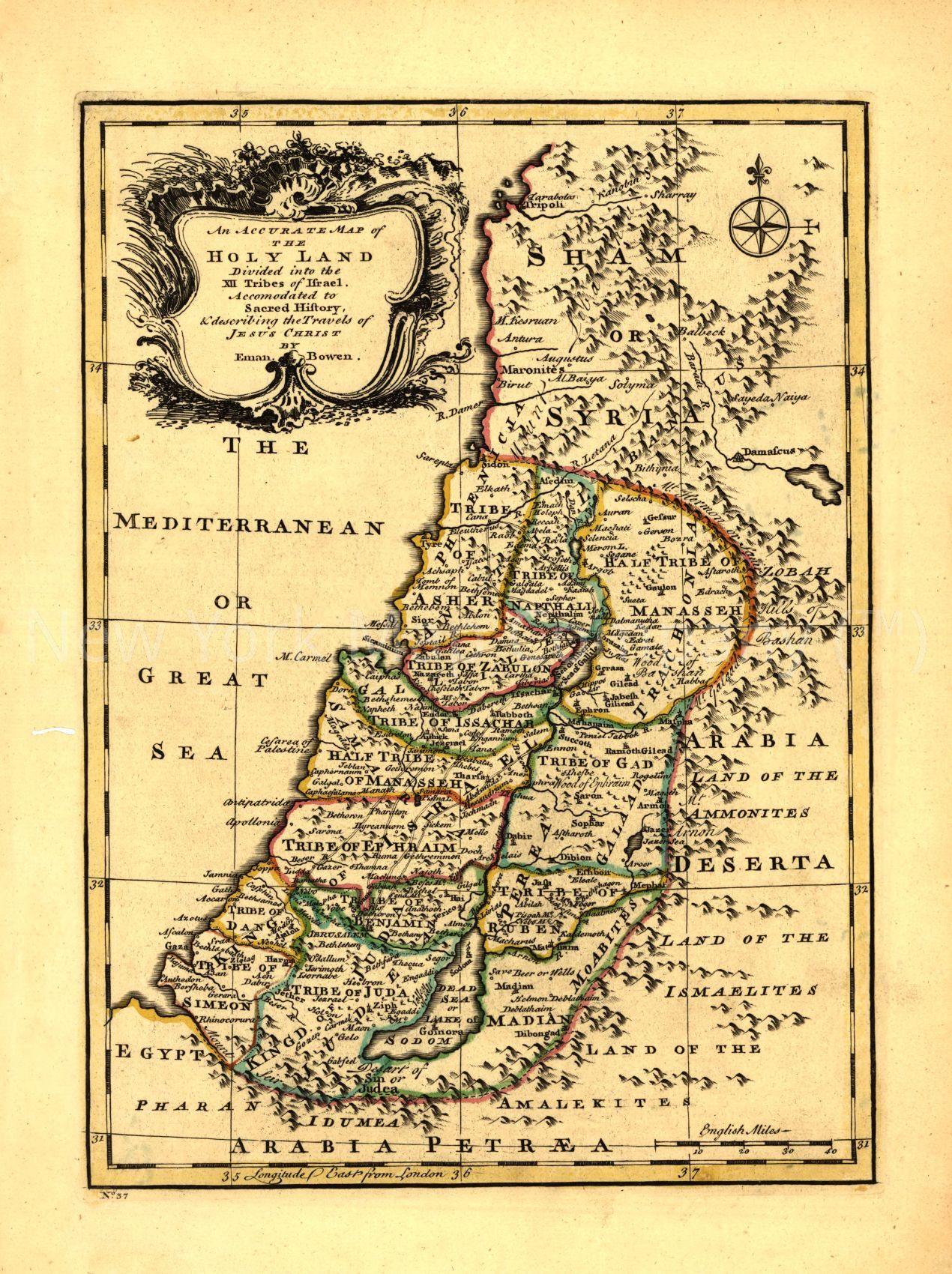 1752 map An accurate map of the Holy Land Divided into the XII Tribes of Israel. Accomodated to Sacred History, and describing the Travels of Jesus Christ. Map Subjects: Palestine - New York Map Company