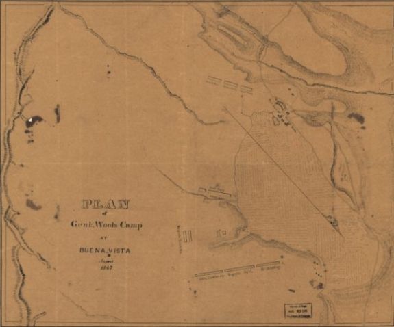1847 Map of Genl. Wool's camp at Buena-Vista, August 1847 | Buenavista Saltillo | Buenavista Saltillo, Coahuila, Mexico | Coahuila, Manuscript | Mexico Pen-and-ink. Oriented with north toward the lower right.