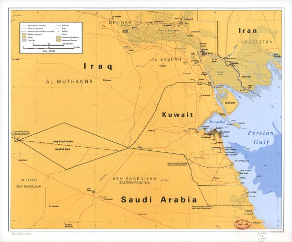 1991 Map showing neutral zones between Saudi Arabia and Iraq and between Saudi Arabia and Kuwait | Boundaries | Iraq | Kuwait | Saudi Arabia 721438 (B01188) 3-91. Depths shown by gradient tints. DRM