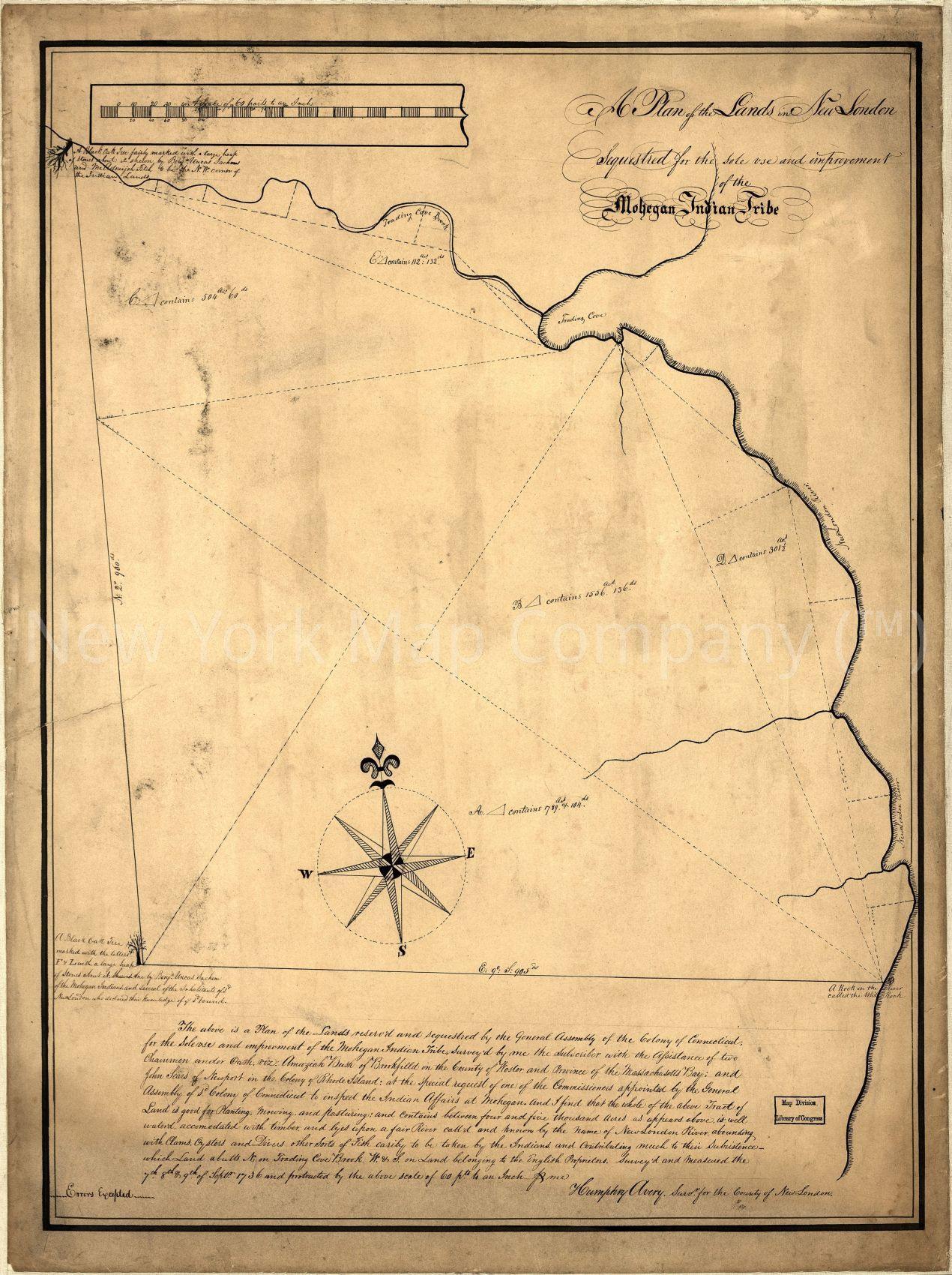 1736 map A plan of the lands in New London sequestred for the sole use and improvement of the Mohegan Indian tribe. Map Subjects: Connecticut | Mohegan Indians | Montville Conn: Town | Montville Town | Real Property | - New York Map Company