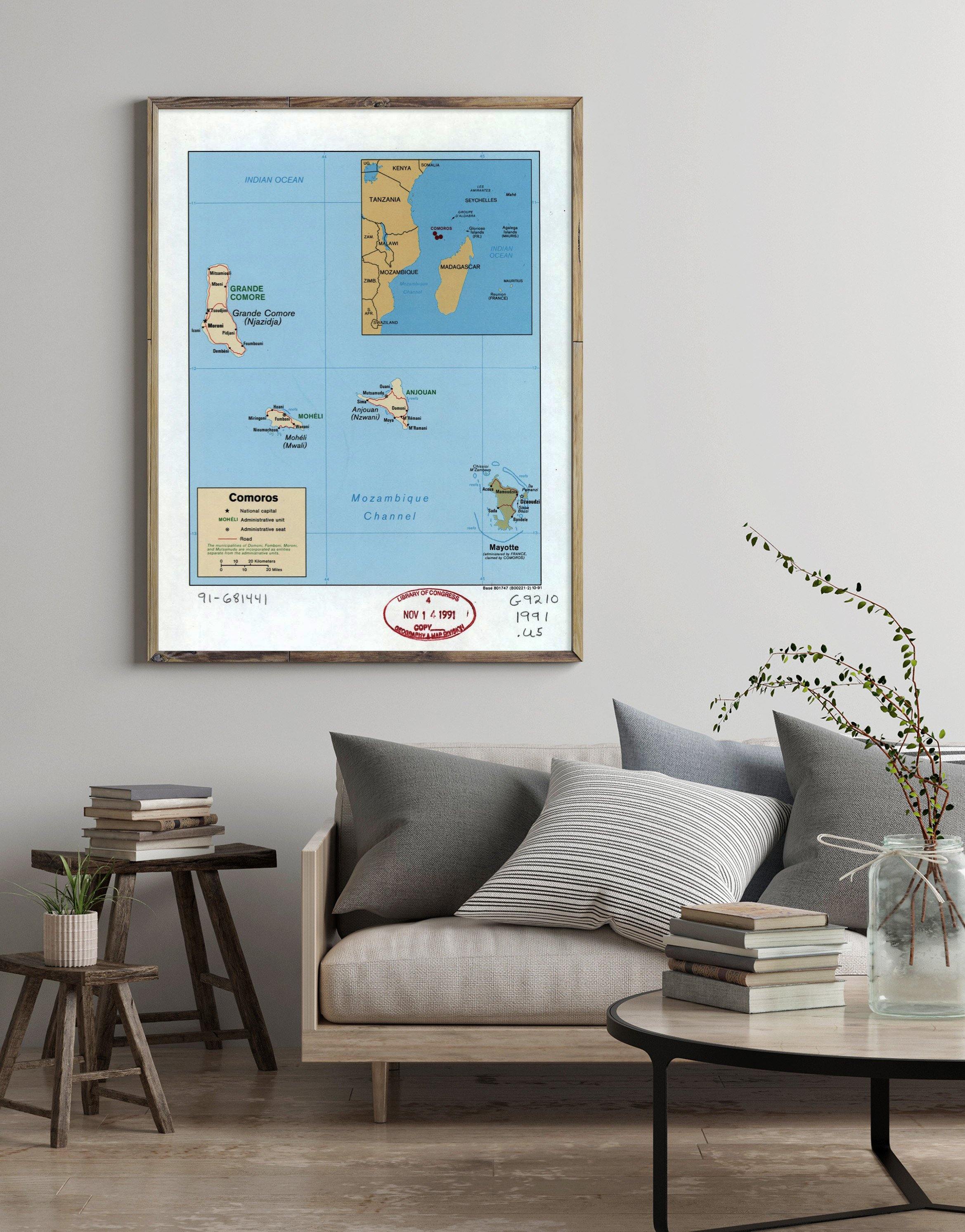1991 Map| Comoros| Comoros Map Size: 18 inches x 24 inches |Fits 18x24 - New York Map Company