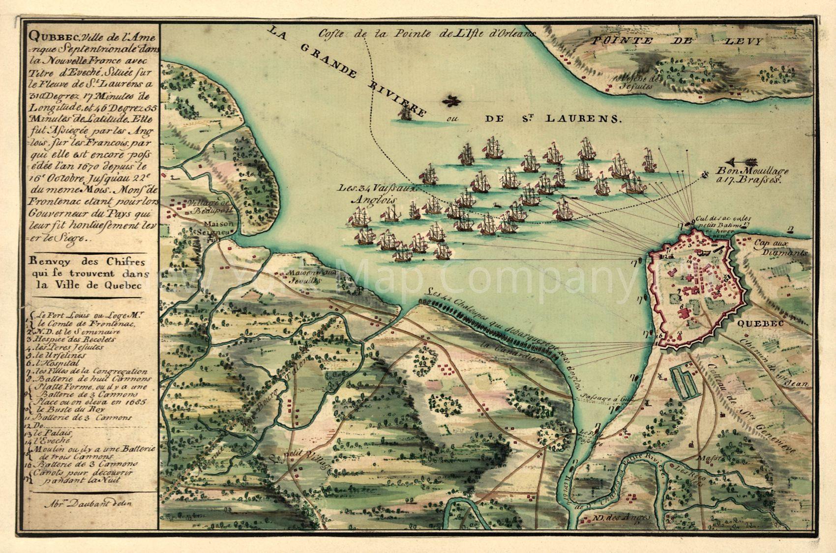 1755 map Qubbec, ville de l'Amerique septentrionale dans la Nouvelle France avec titre d'Eveché située sur le fleuve de St. Laurens a 310 degrez 17 minutes de longitude et 46 degrez 55 minutes de latitude: elle fut Assiegée par les Anglois sur les Franco - New York Map Company