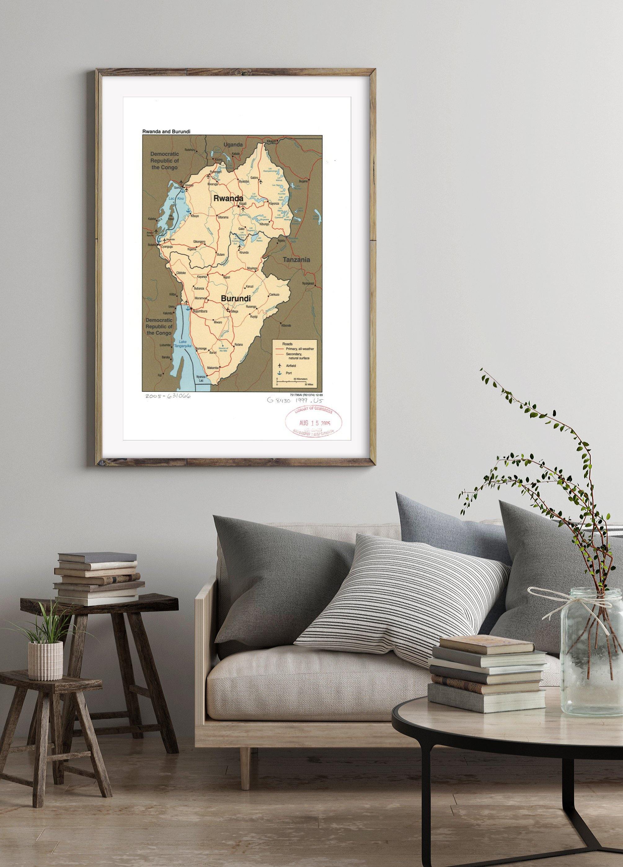 1999 Map| Rwanda and Burundi| Burundi|Rwanda Map Size: 16 inches x 24 - New York Map Company