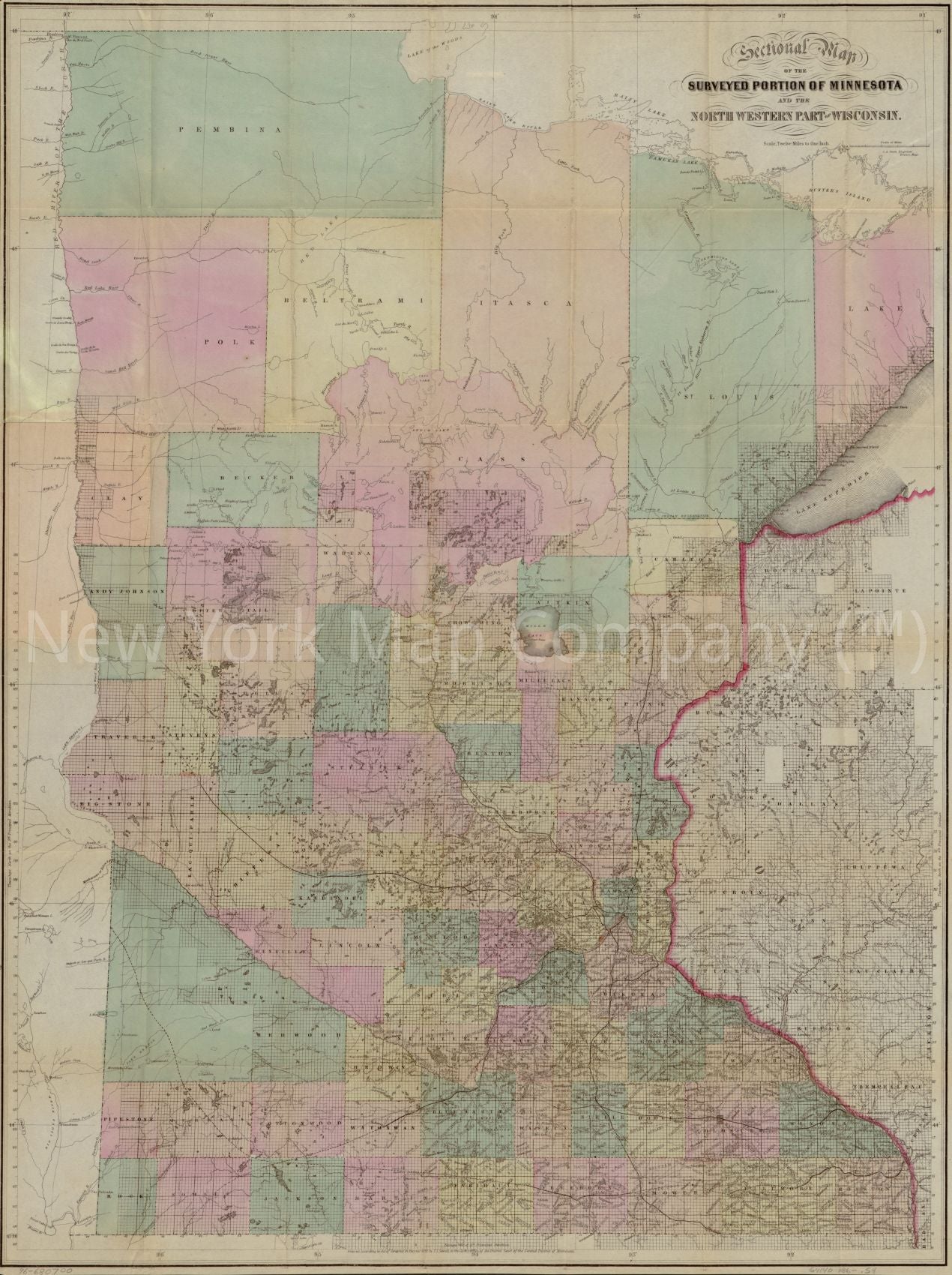 1860 map Sectional map of the surveyed portion of Minnesota and north western part of Wisconsin Entered according to Act of Congress in the year 1857, by J.S. Sewall .. Map Subjects: Minnesota