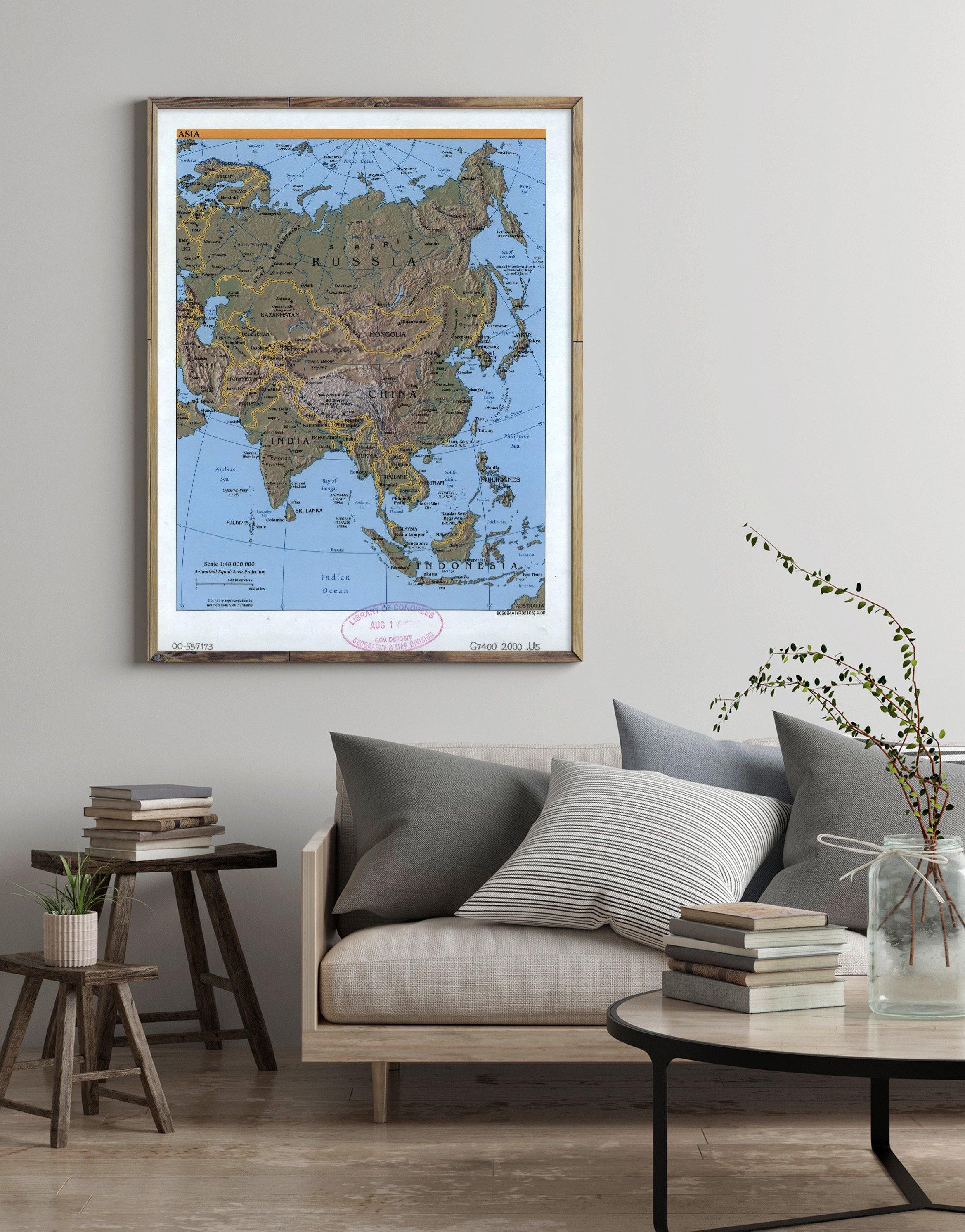 2000 Map| Asia| Asia, Physical Map Size: 18 inches x 24 inches |Fits 1 - New York Map Company
