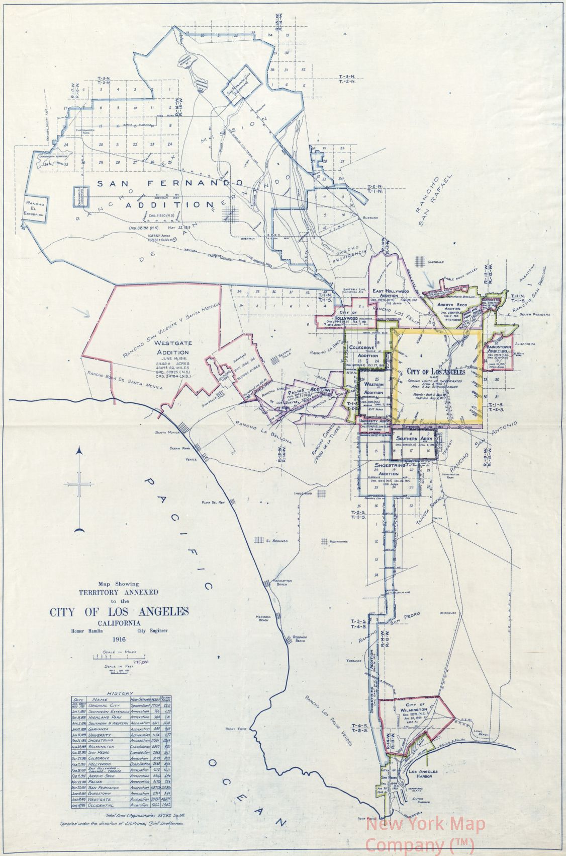 1916 map showing territory annexed to the city of Los Angeles, California. Map Subjects: Annexation Municipal Government | California | Los Angeles | Los Angeles |