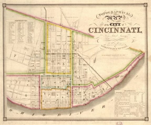 1841 map Topographical map of the city of Cincinnati, from actual survey Entered according to Act of Congress the 20th day of Dec. 1830, by Robinson and Fairbank of the Distrcit of Ohio.