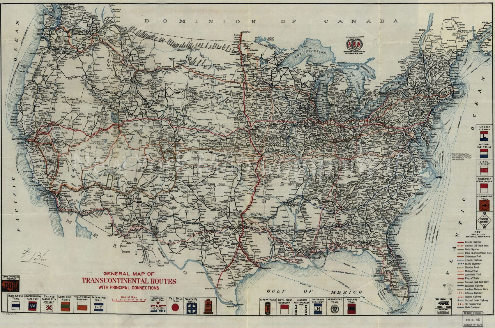 1918 map General map of transcontinental routes with principal connections. Map Subjects: Roads | Trails |