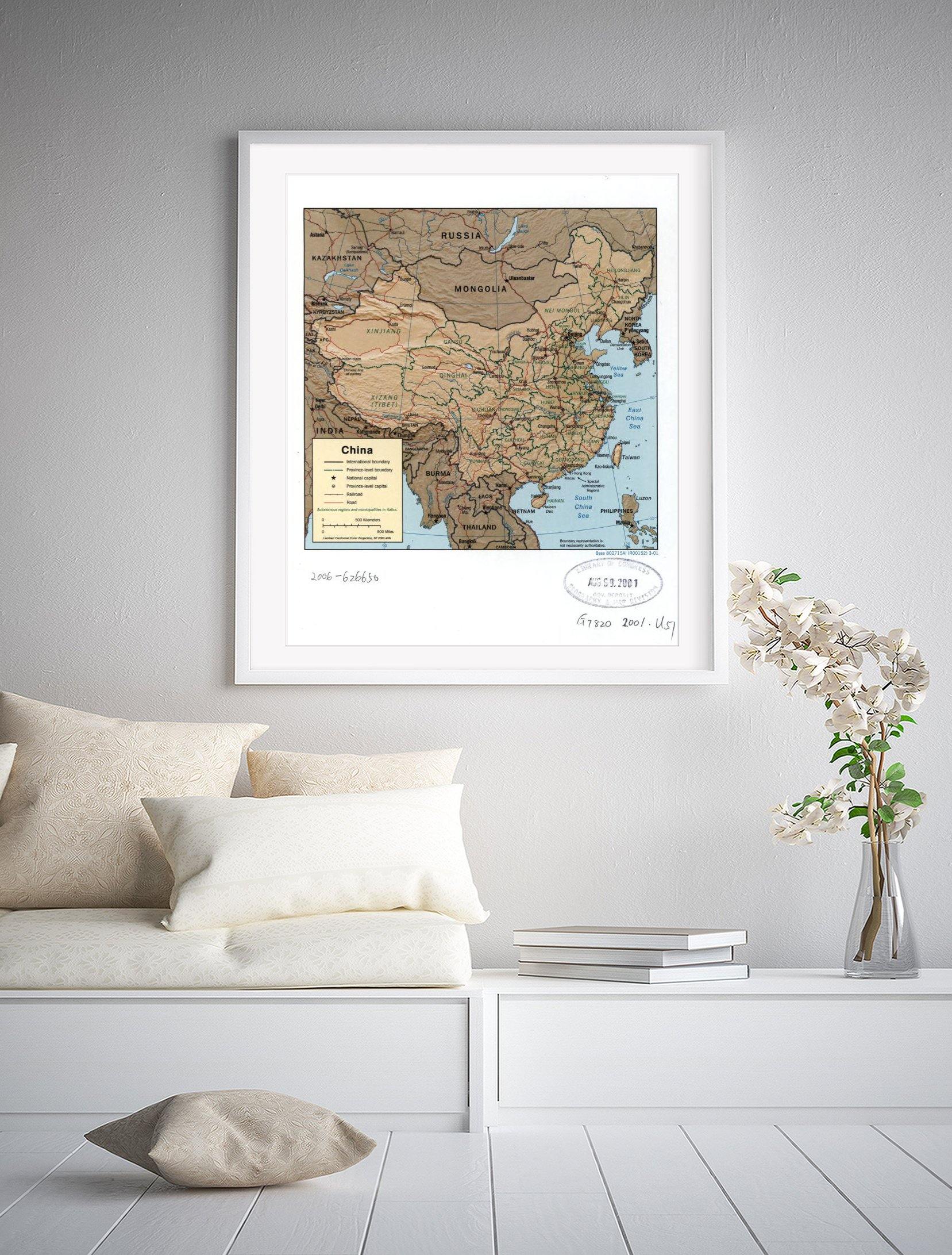 2001 Map| China| China, Physical Map Size: 20 inches x 24 inches |Fits - New York Map Company