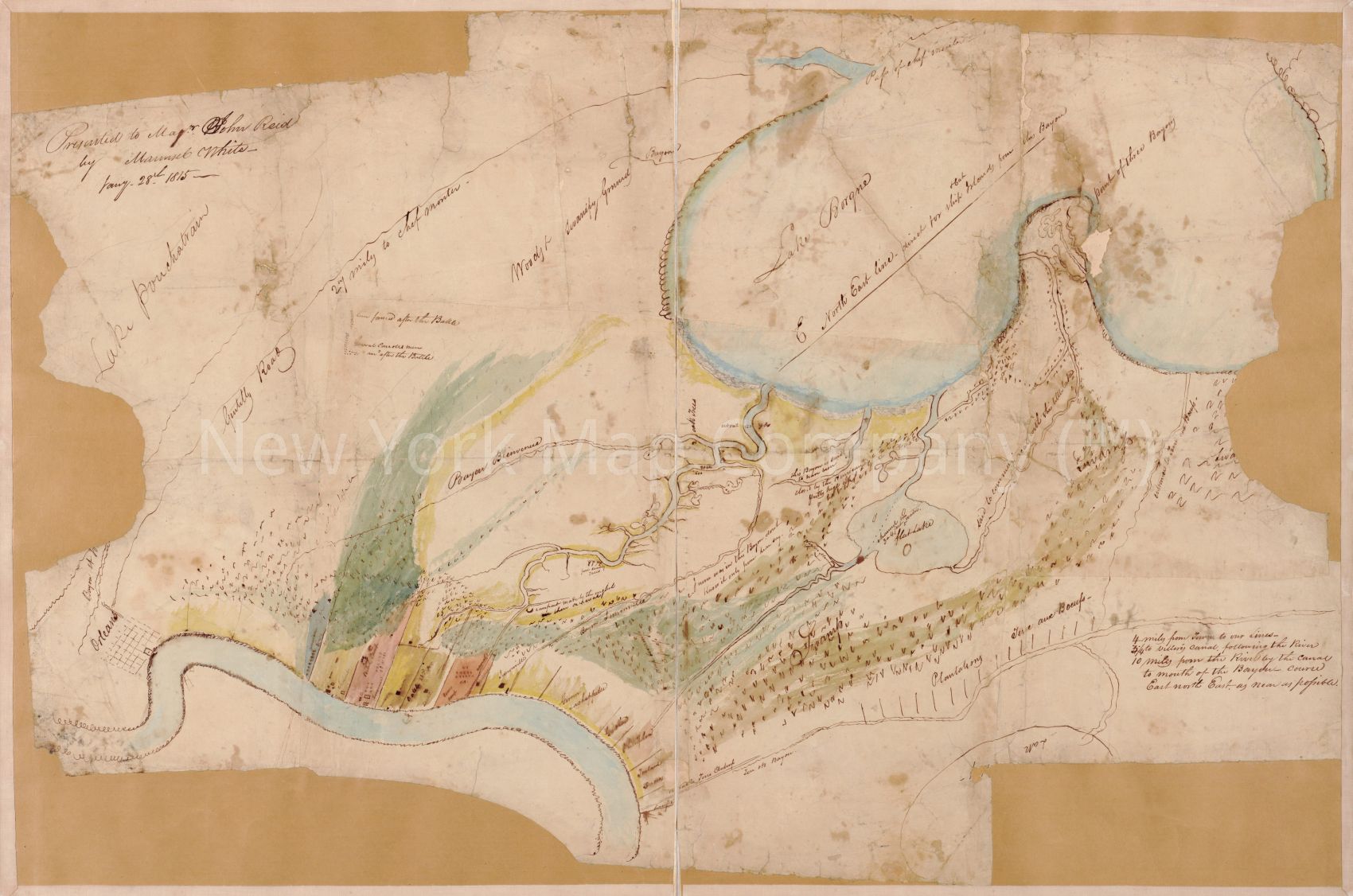 1815 map 1814-15 New Orleans. Presented to Major John Reid by Maunsel White, January 28, 1815. Map Subjects: History | Louisiana | New Orleans Metropolitan Area | New Orleans Metropolitan Area La | War of 1812
