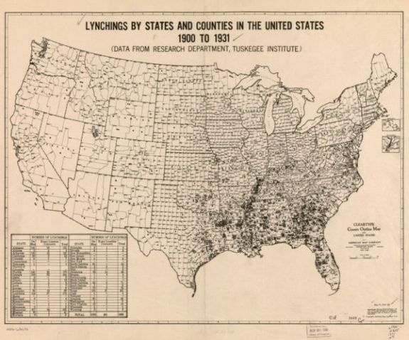 1931 map Lynchings by states and counties in the United States, 1900-1931: (data from Research Department, Tuskegee Institute) ; cleartype county outline map of the United States. Map No. 5241-128