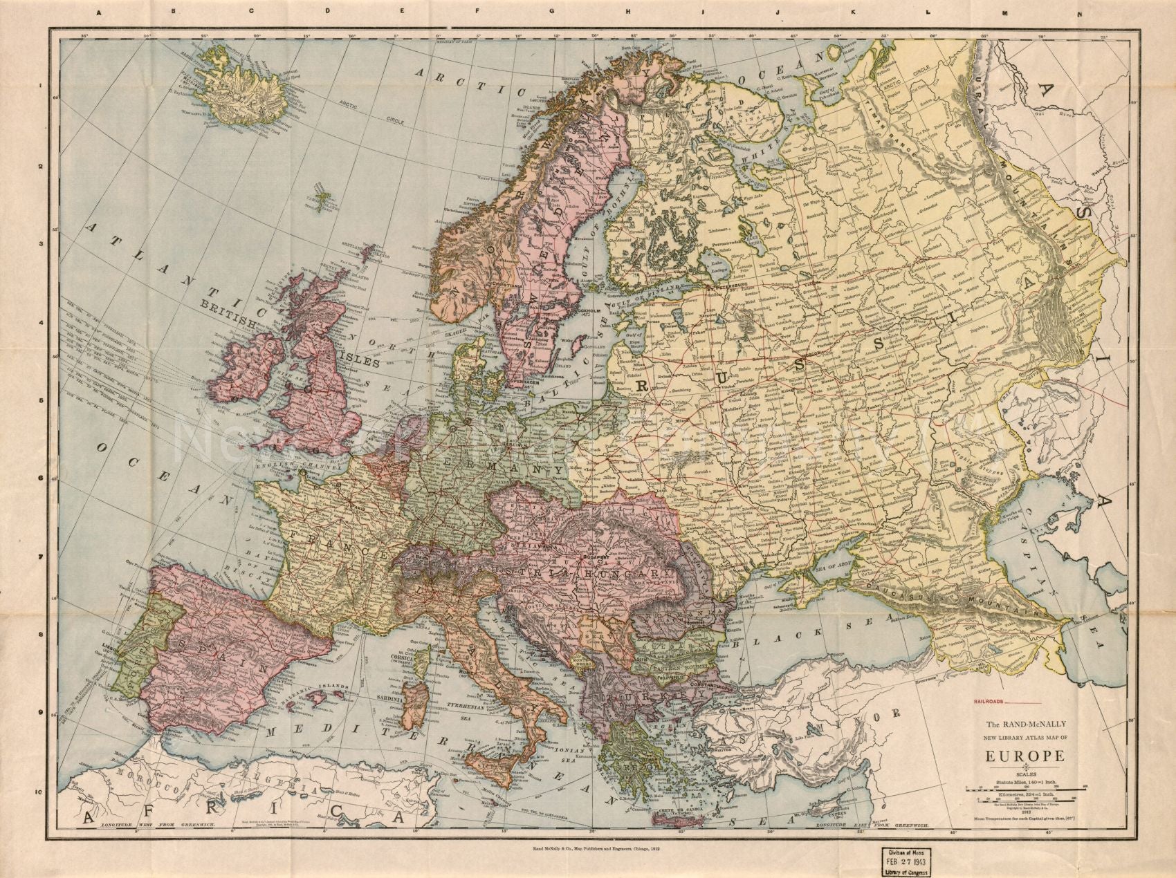 1912 map The Rand-McNally new library atlas map of Europe. Map Subjects: Europe