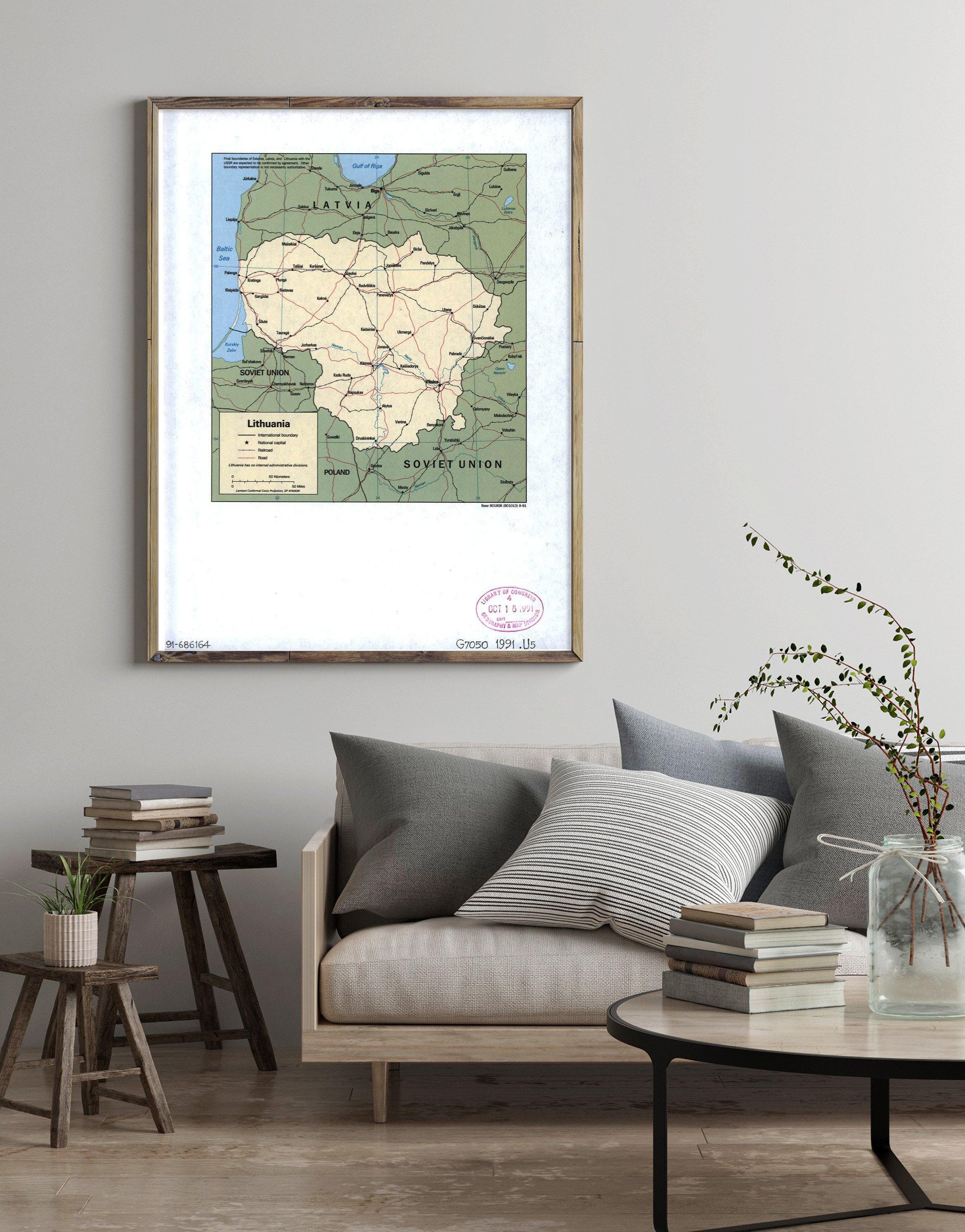 1991 Map| Lithuania| Lithuania Map Size: 18 inches x 24 inches |Fits 1 - New York Map Company