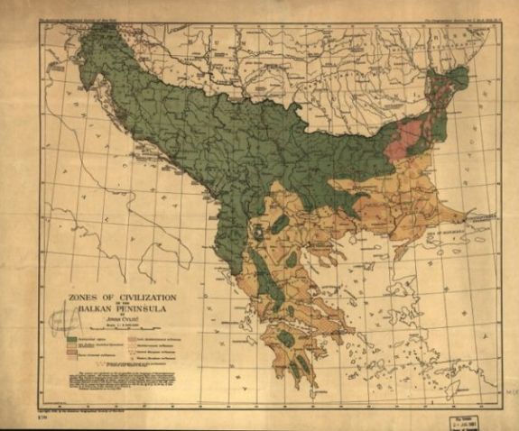 1918 Map | Zones of civilization of the Balkan Peninsula | Balkan Peninsula | Ethnology Drawn by Wm. Briesemeister. Originally published in the Geographical review, vol. 5, no. 5, 1918, plate 5.