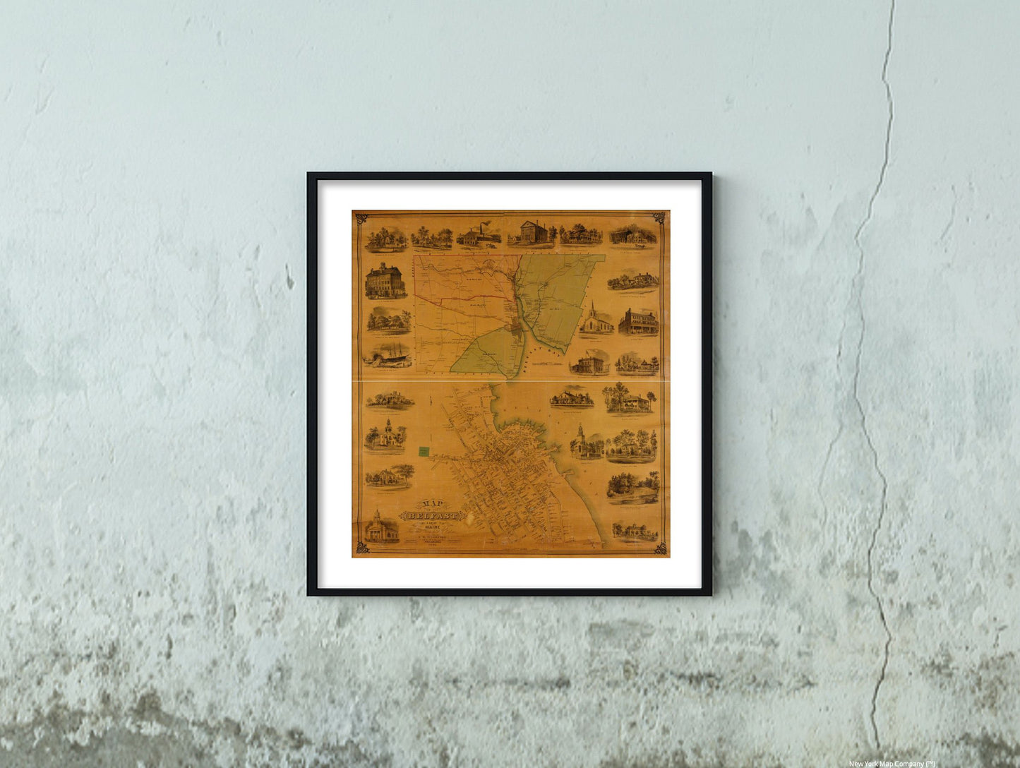 Summary: General wall maps showing buildings and householders' names. "Lith. by W.H. Rease." Originally printed on 2 sheets. Includes ill. Copy imperfect: Brittle, varnished, torn, creased, mounted on cloth, attached to wooden rods along top and bottom o