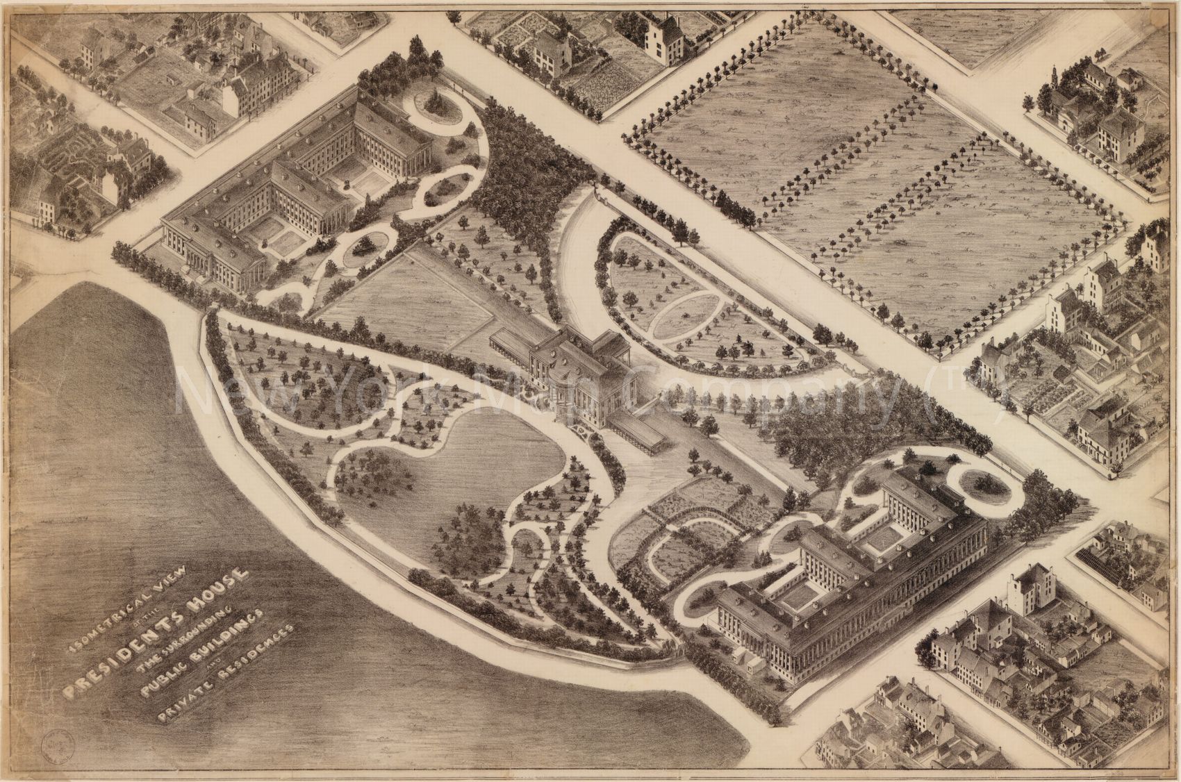 1857 map Isometrical view of the Presidents House, the surrounding public buildings, and private residences: Washington D.C.. Map Subjects: District of Columbia | Lafayette Park Washington | Lafayette Park Washington | DC | Public Buildings | Washington