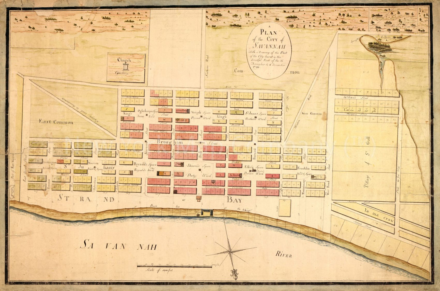 1796 map A plan of the city of Savannah: with a drawing of the part of the city burnt in the dreadful fires of the 26 November and 6 December, 1796. Map Subjects: Fires | Georgia | Real Property | Savannah | Savannah Ga |