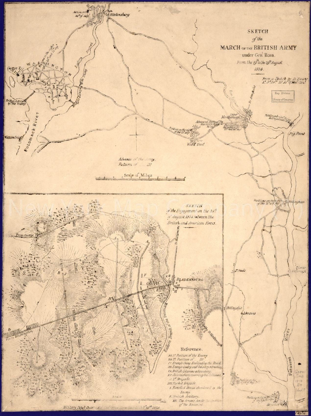 1814 map Sketch of the march of the British Army under Gen'l Ross from the 19th to the 29th August 1814: central Maryland between Benedict and Washington D.C. Sketch of the engagement on the 24th of August 1814 between the British and American forces. Ma