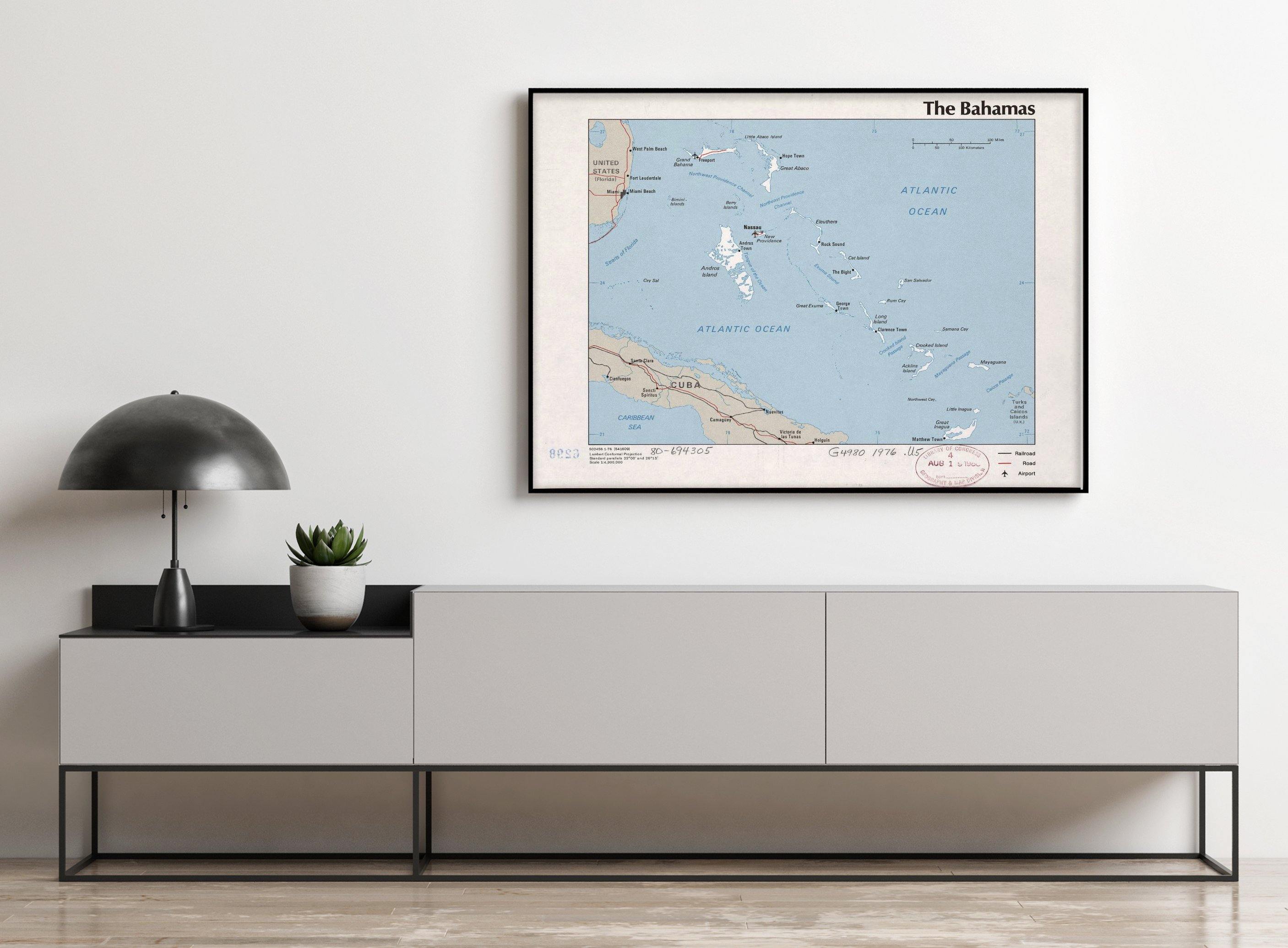 1976 Map| The Bahamas| Bahamas Map Size: 18 inches x 24 inches |Fits 1 - New York Map Company