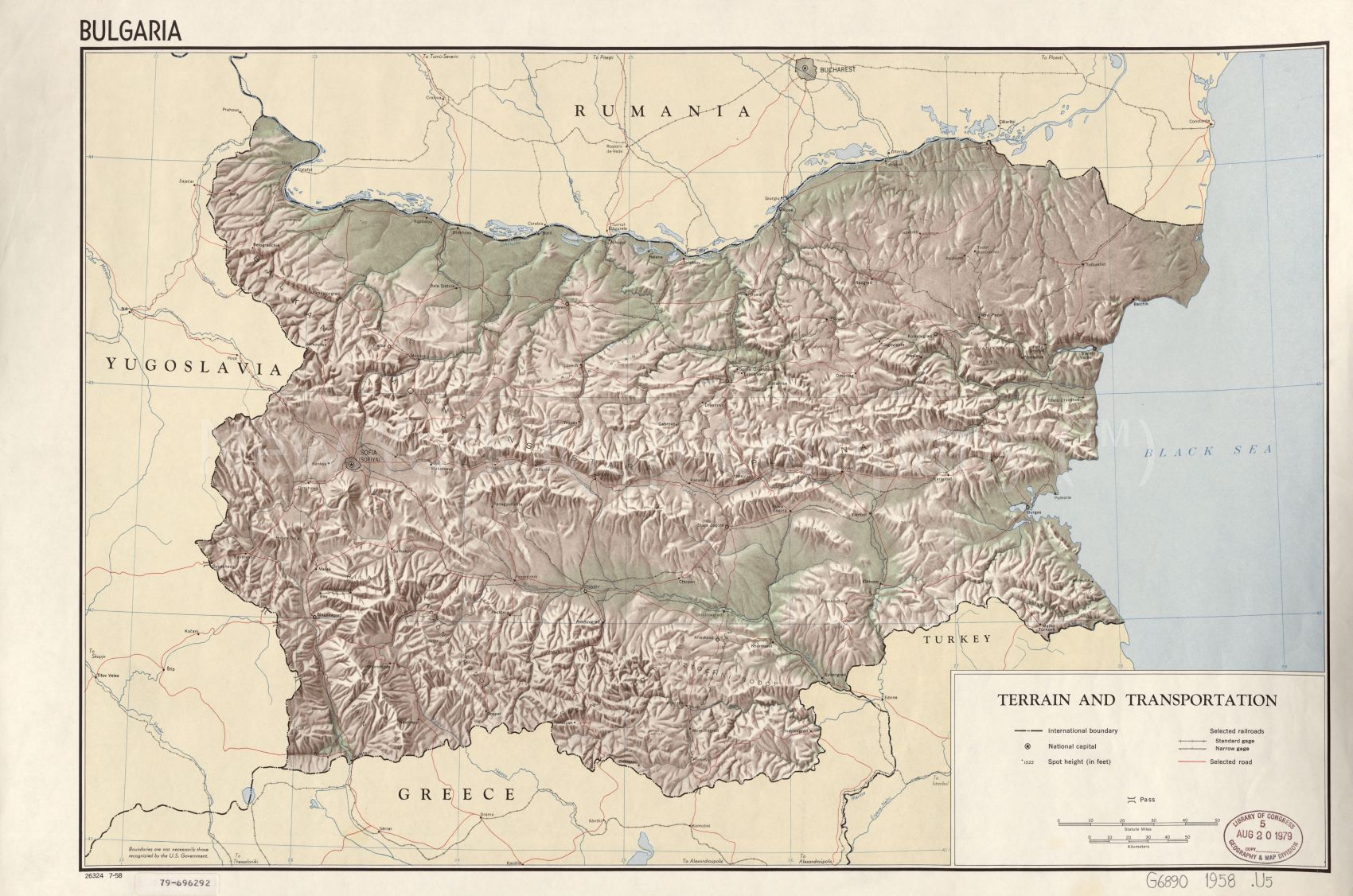 1958 map Bulgaria, terrain and transportation. Map Subjects: Bulgaria