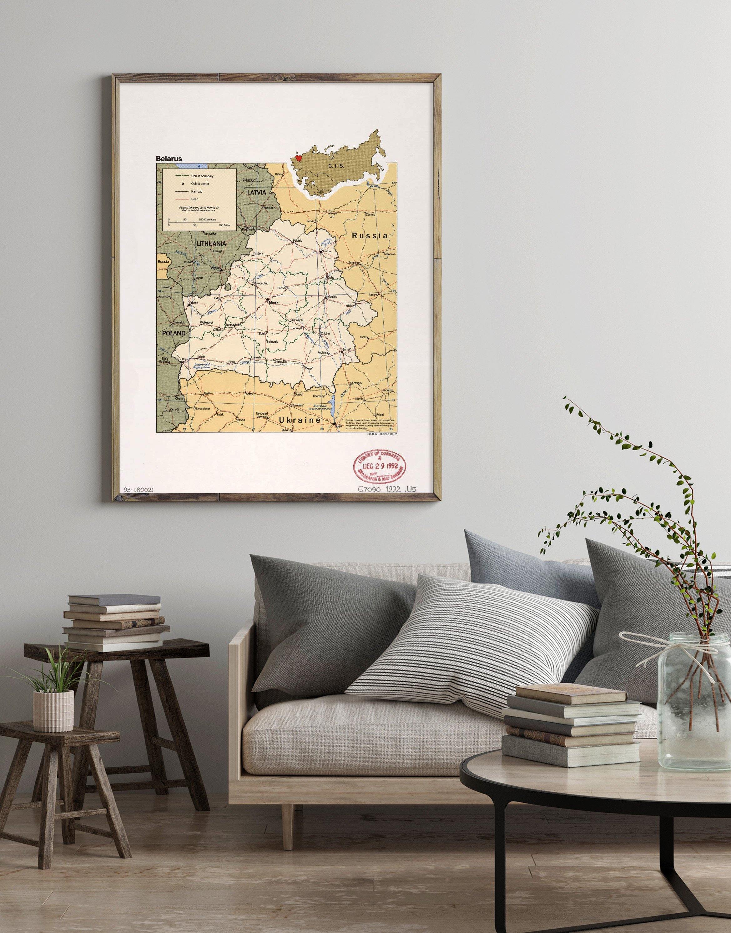 1992 Map| Belarus| Belarus Map Size: 18 inches x 24 inches |Fits 18x24 - New York Map Company