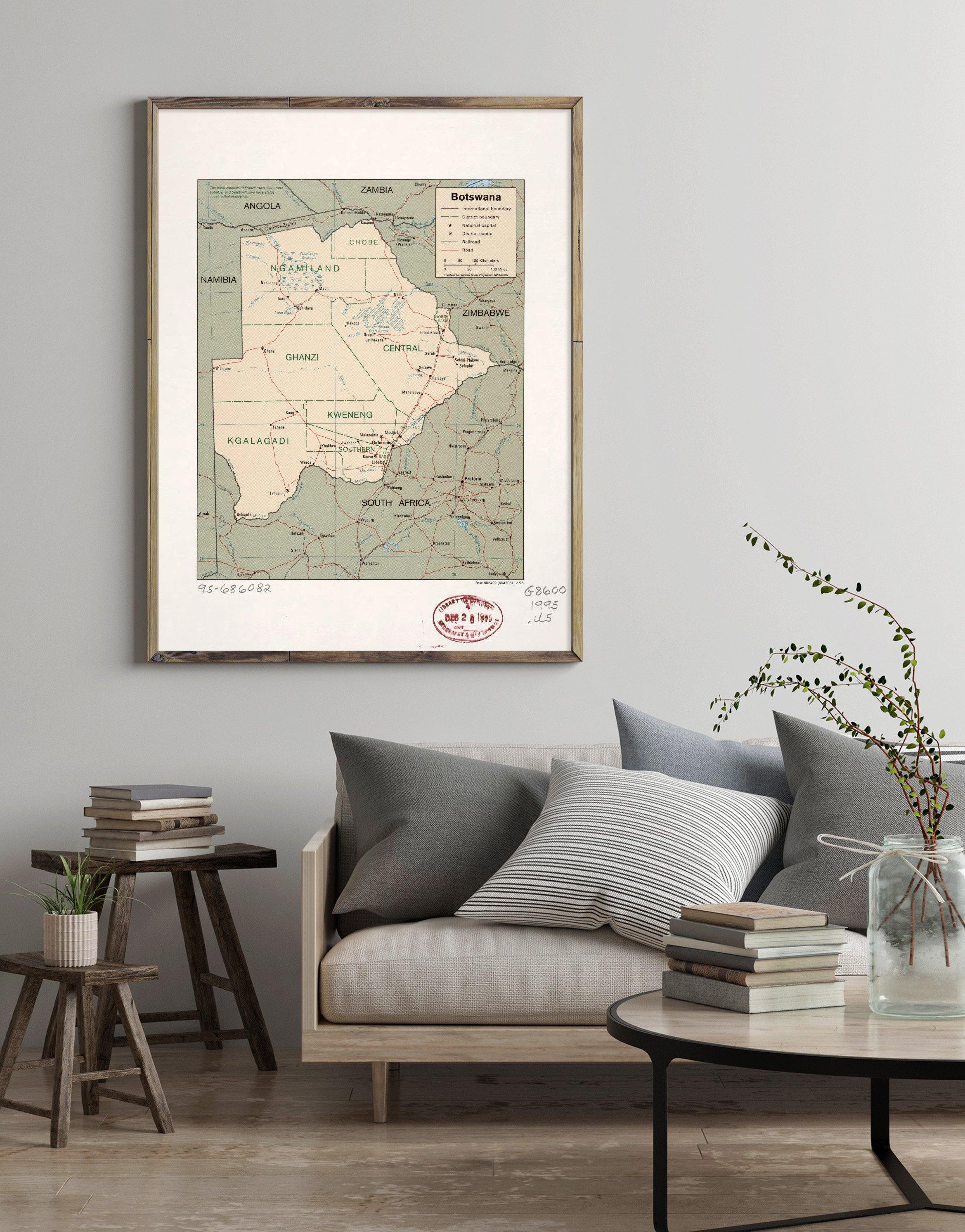1995 Map| Botswana| Botswana Map Size: 18 inches x 24 inches |Fits 18x - New York Map Company