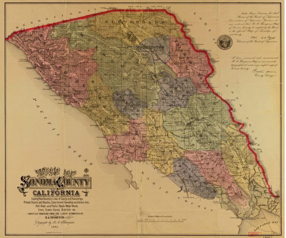 Map of Sonoma County, California: showing new boundary lines of county and townships, private claims and ranches, government townships and section lines, rail roads and public roads, water works, cities, towns, school districts, etc. Description Seal an