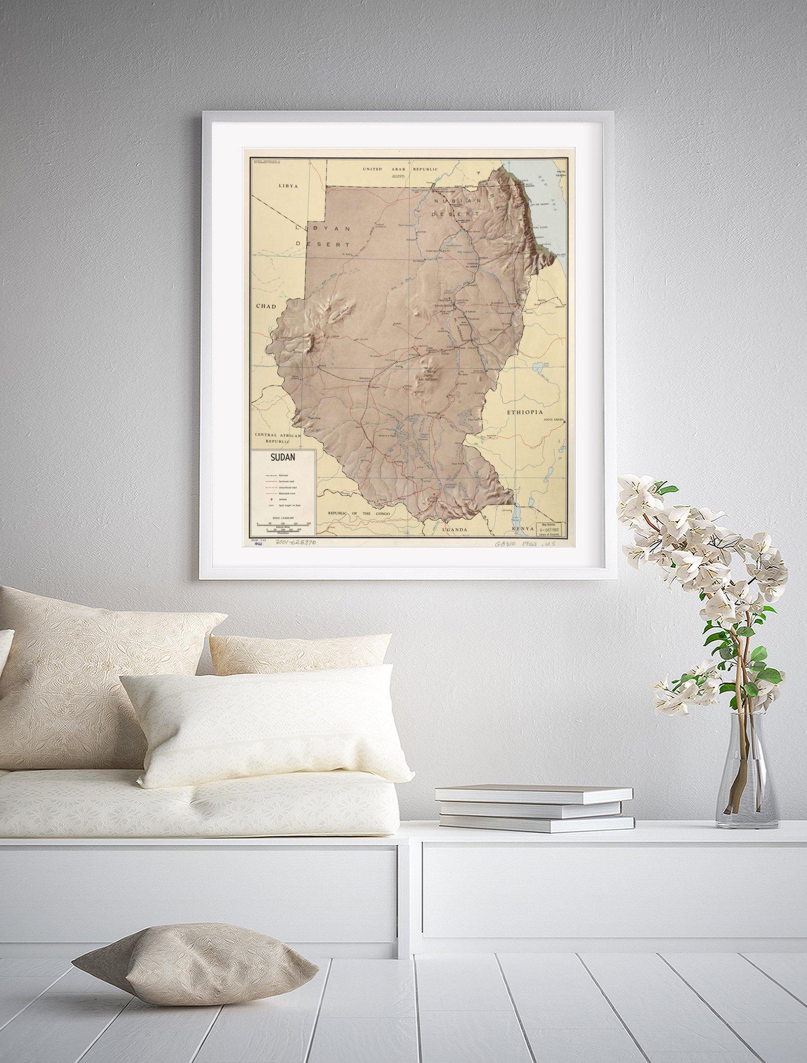 1963 Map| Sudan| Sudan Map Size: 20 inches x 24 inches |Fits 20x24 siz - New York Map Company