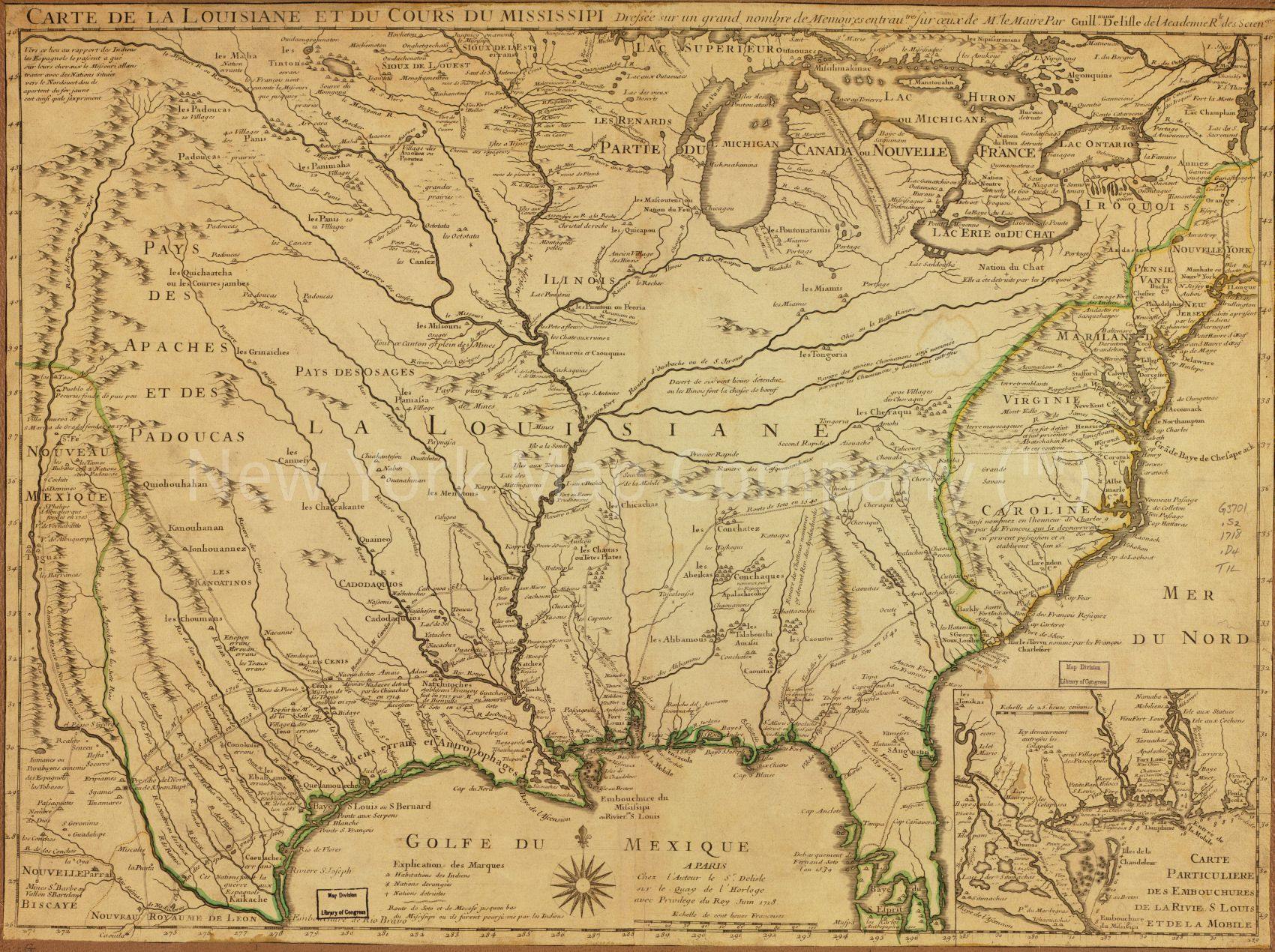 1718 map Carte de la Louisiane et du cours du Mississippi .. Map Subjects: - New York Map Company