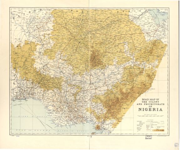 1950 Map | Road map of the colony and protectorate of Nigeria | Nigeria | Roads Relief shown by gradient tints and contours. "2500/1038/9-50."