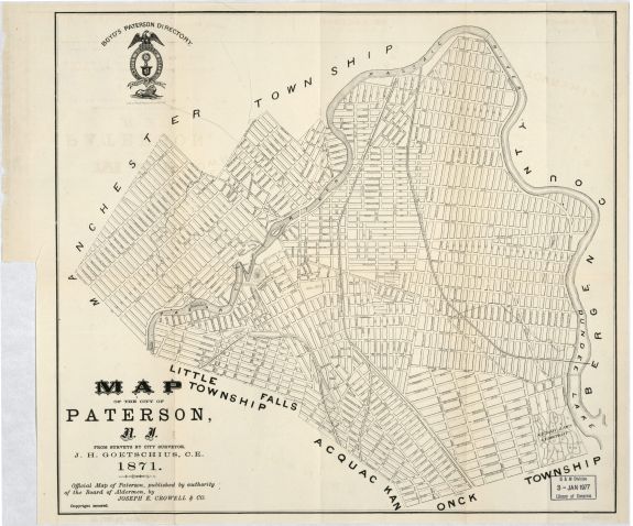 Vintage map: "Official map of Paterson, published by authority of the Board of Aldermen, by Joseph E. Crowell and Co." Map sheet removed from "Boyd's Paterson directory". Includes notes and insigne of "Boyd's Directory Corps, Andrew Boyd". Created / Publ