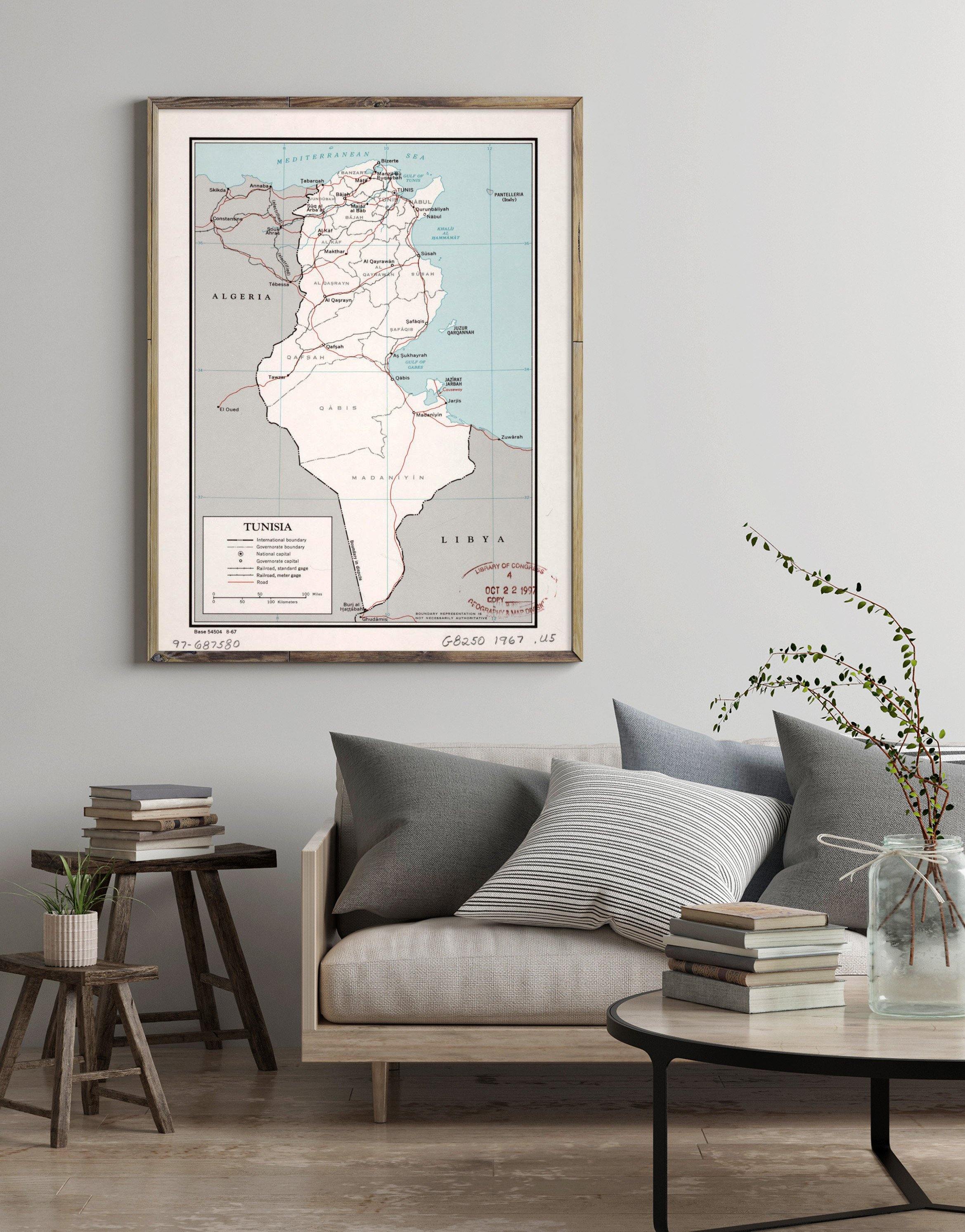 1967 Map| Tunisia| Tunisia Map Size: 18 inches x 24 inches |Fits 18x24 - New York Map Company
