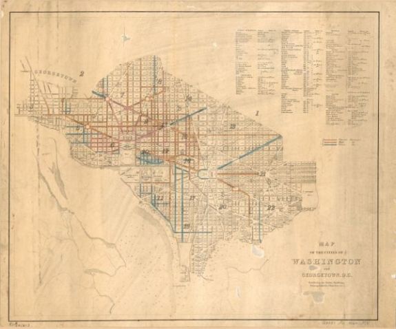 1860 Map of the cities of Washington and Georgetown, D.C.: exhibiting the public buildings, principal hotels, churches, etc | District of Columbia | Georgetown | Georgetown Washington, D.C | Pavements | Washington | Washington D.C. Also shows block and w